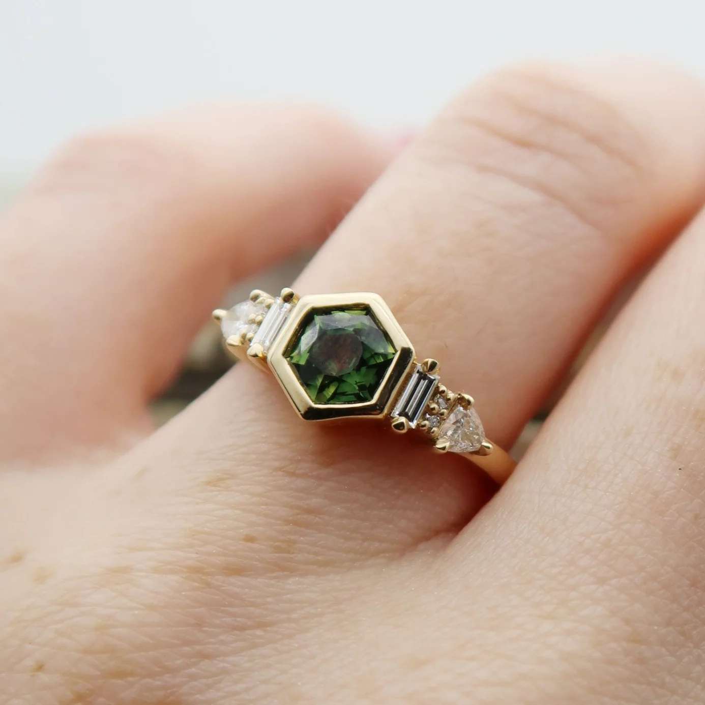 14k Yellow Engagement Ring with 0.88ct Green Sapphire Hexagon and Accent Diamonds - Image 3