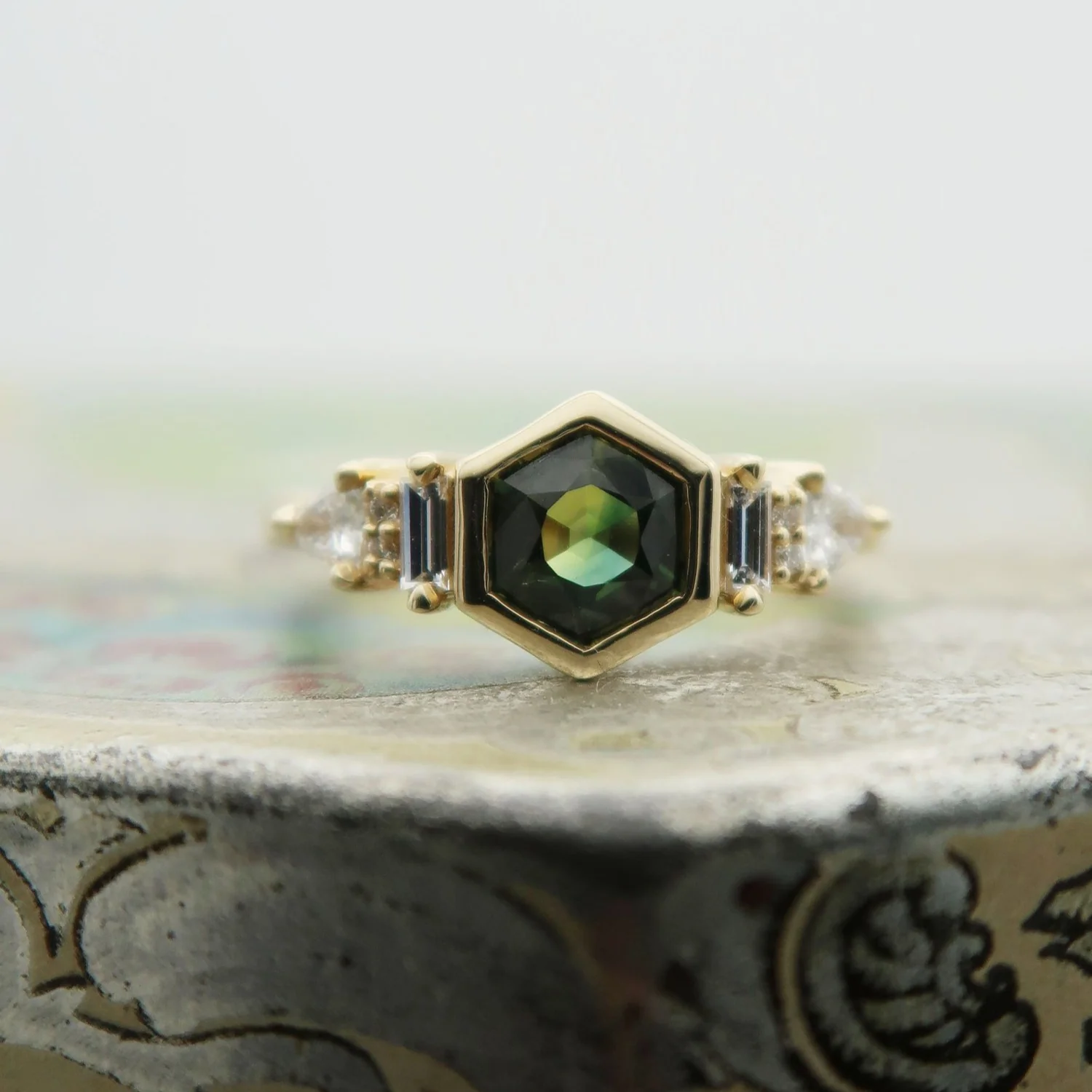 14k Yellow Engagement Ring with 0.88ct Green Sapphire Hexagon and Accent Diamonds - Image 6