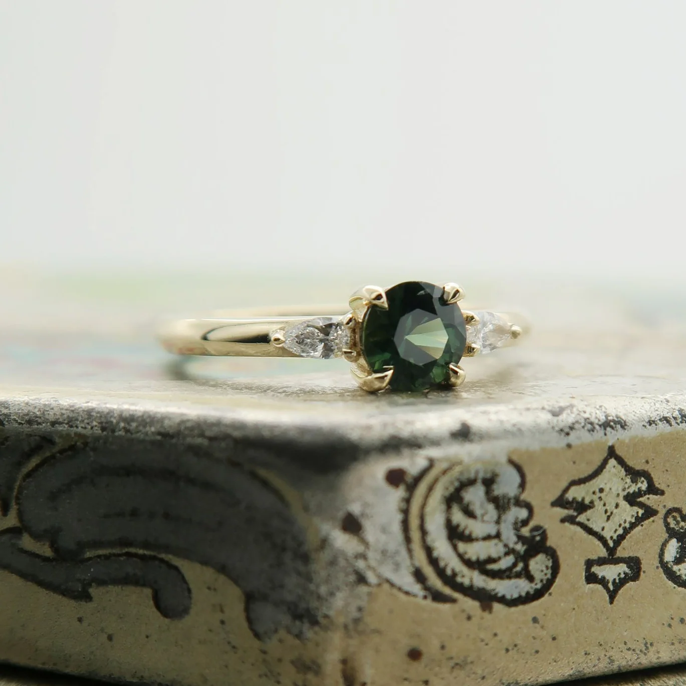 14k Yellow Teal-Green Sapphire Ring with Pear Accent Diamonds - Image 3