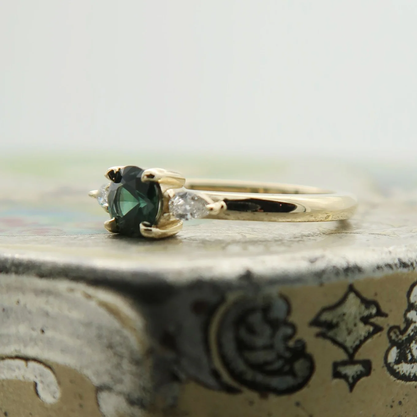 14k Yellow Teal-Green Sapphire Ring with Pear Accent Diamonds - Image 4