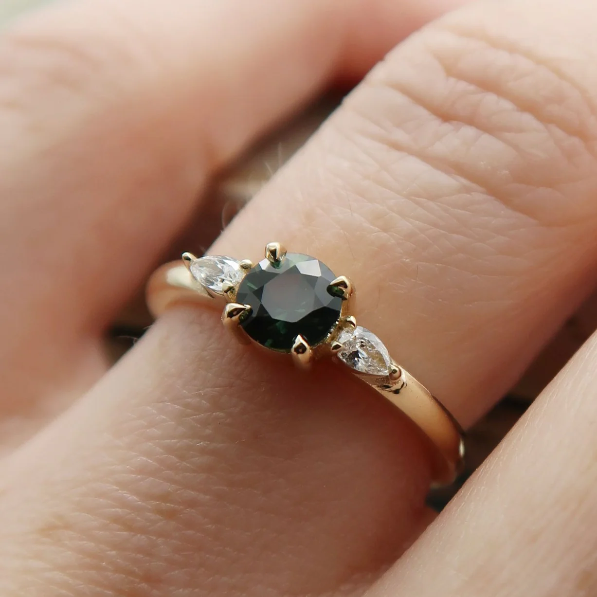 14k Yellow Teal-Green Sapphire Ring with Pear Accent Diamonds - Image 5