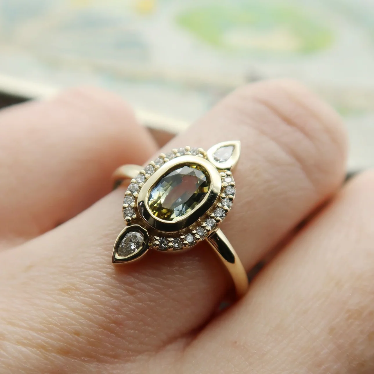 14k Yellow Engagement Ring with Oval Parti Sapphire and Accent Diamonds - Image 4