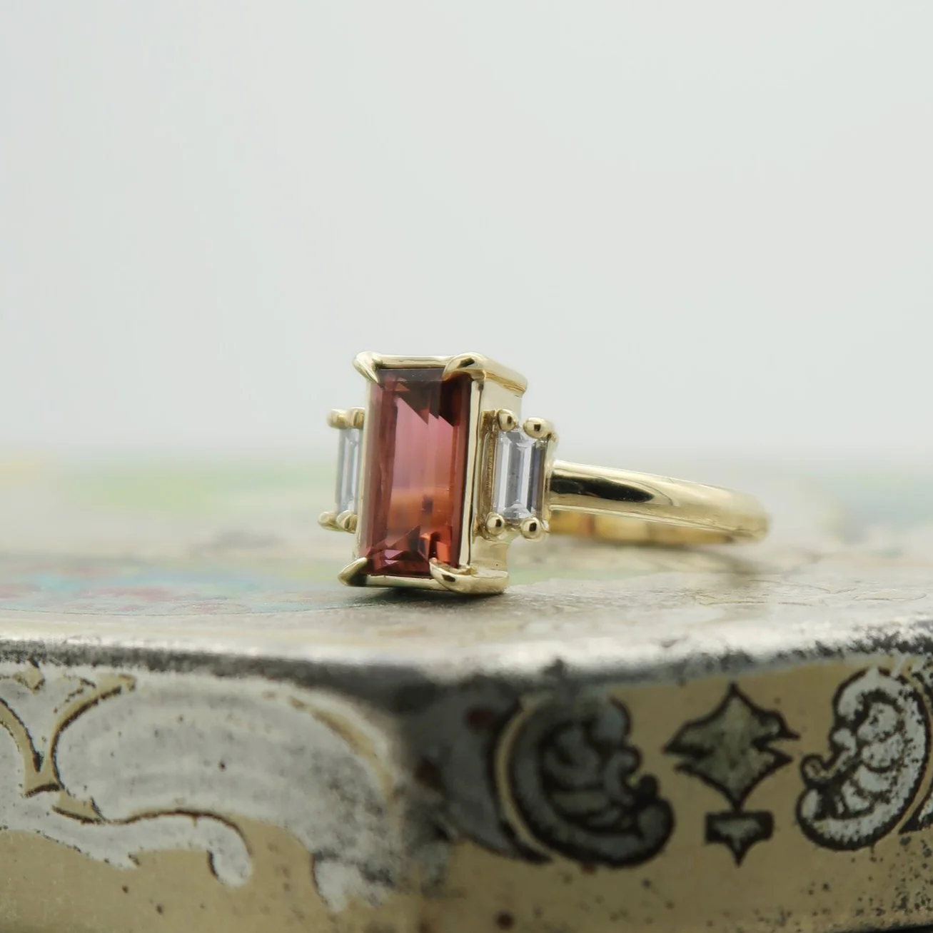 10k Yellow Ring with Pink-ish Tourmaline and Lab Grown Baguette Diamond Accents - Image 3