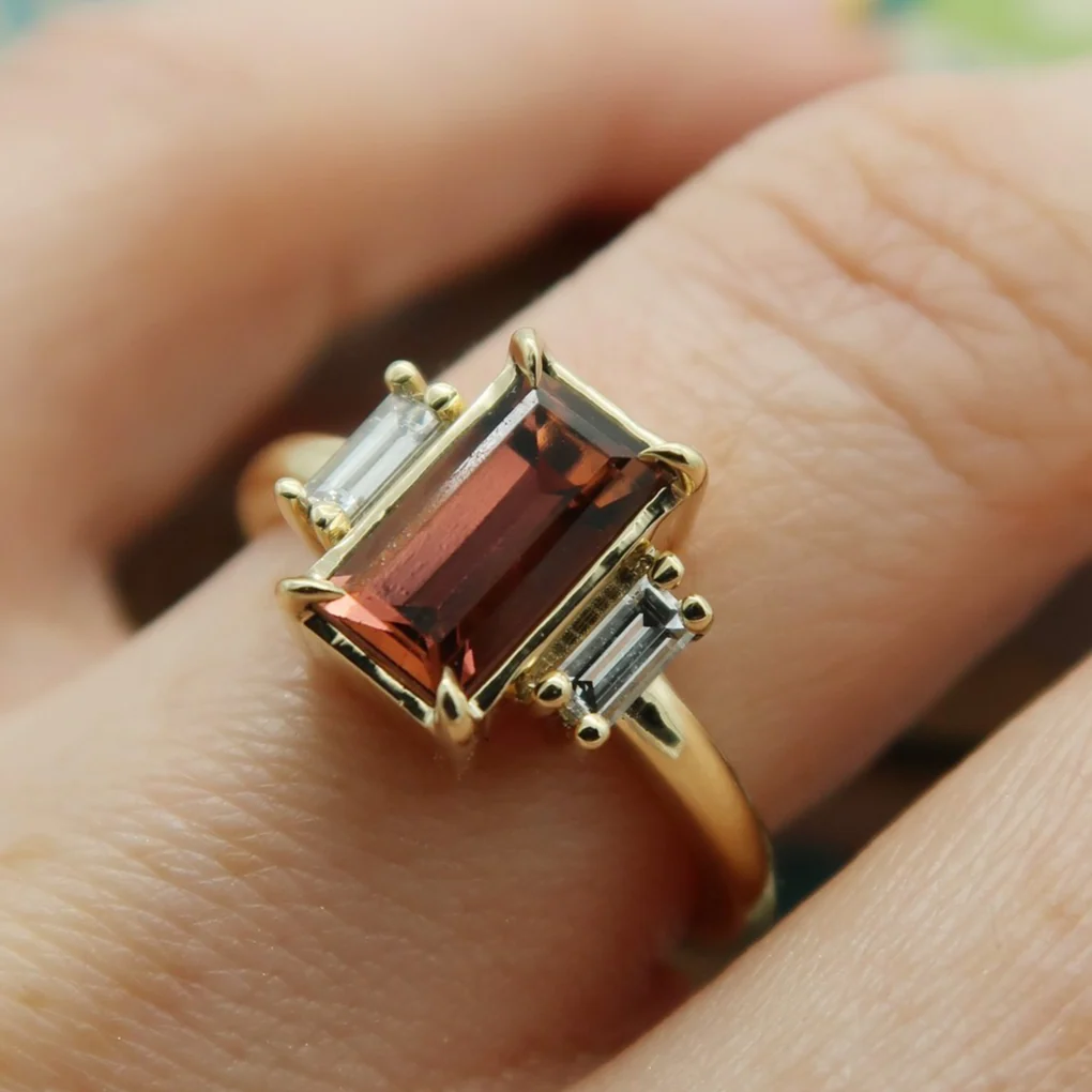 10k Yellow Ring with Pink-ish Tourmaline and Lab Grown Baguette Diamond Accents - Image 4