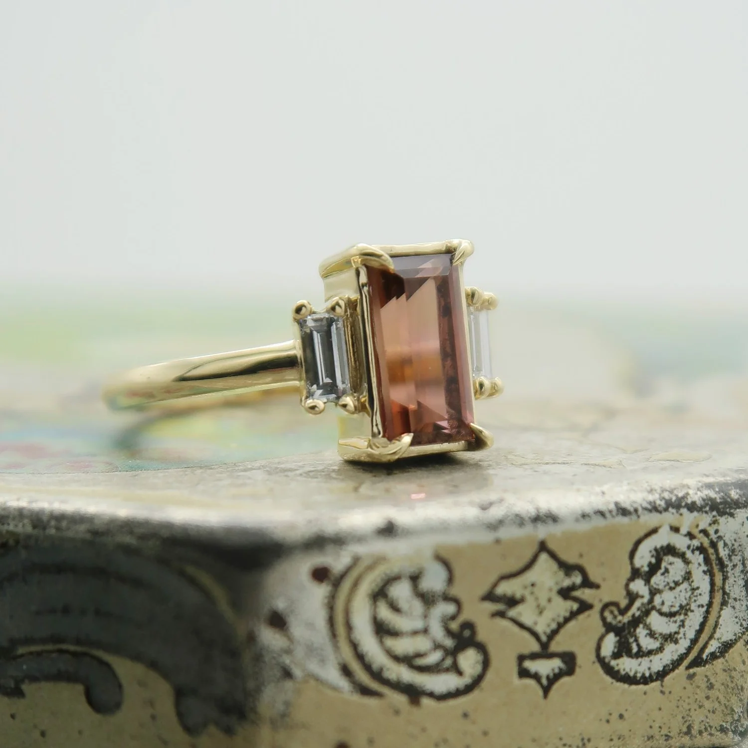 10k Yellow Ring with Pink-ish Tourmaline and Lab Grown Baguette Diamond Accents - Image 5