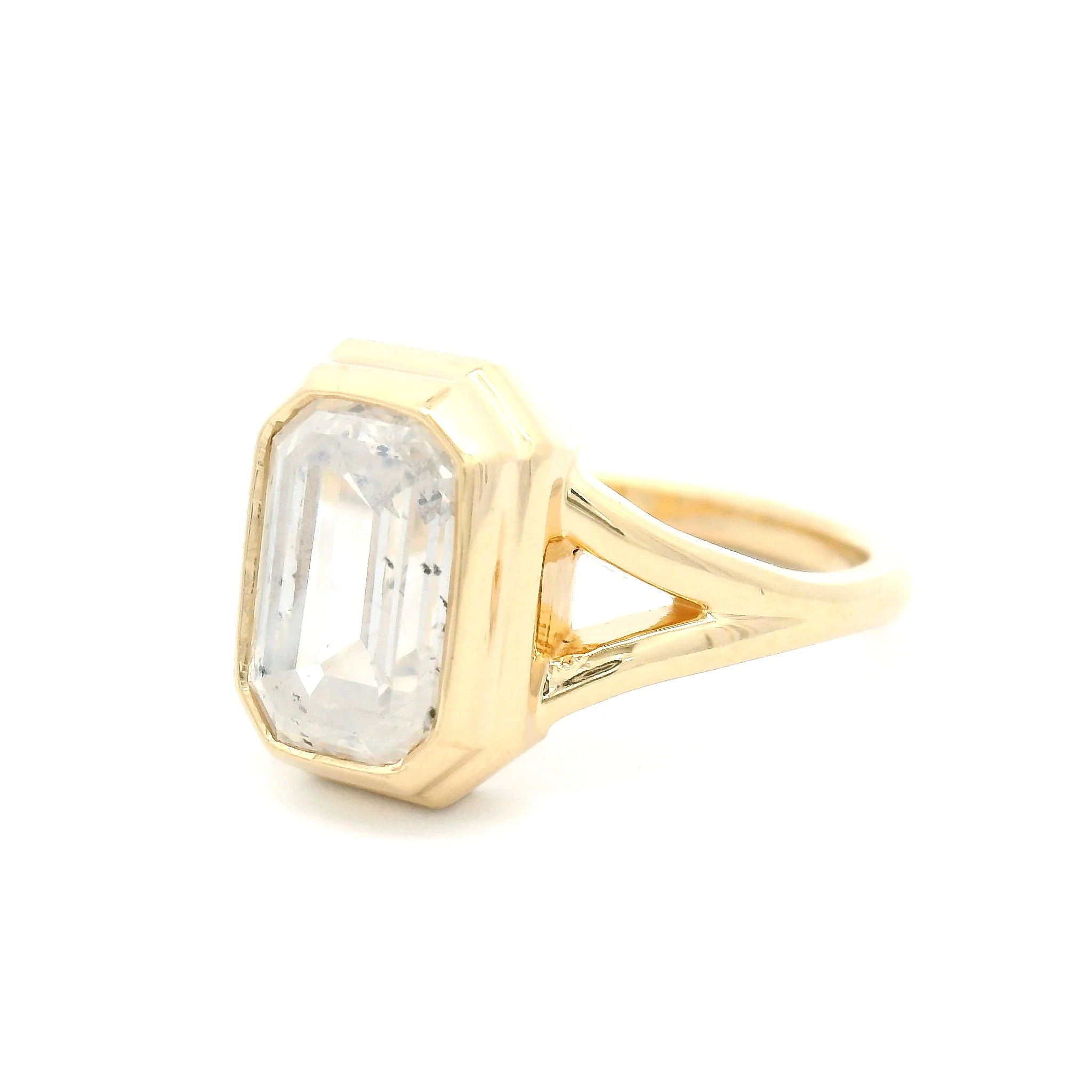 14k Yellow Split-Shank Bezel-Set Solitaire with 2.16ct Fancy White Emerald-Cut Diamond - Image 2