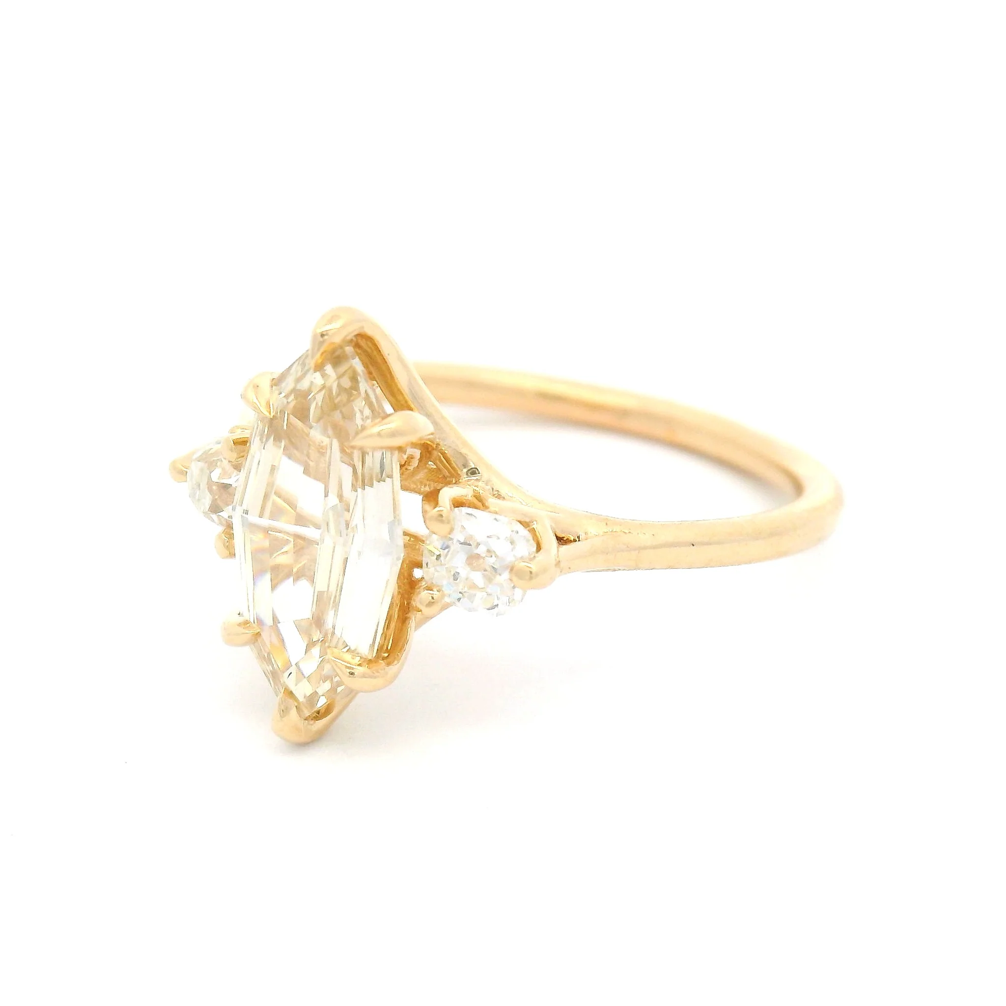 14k Yellow 3-Stone Ring with 1.5ct Natural Light-Brown Diamond and Two Old Mine Cut Diamond - Image 2