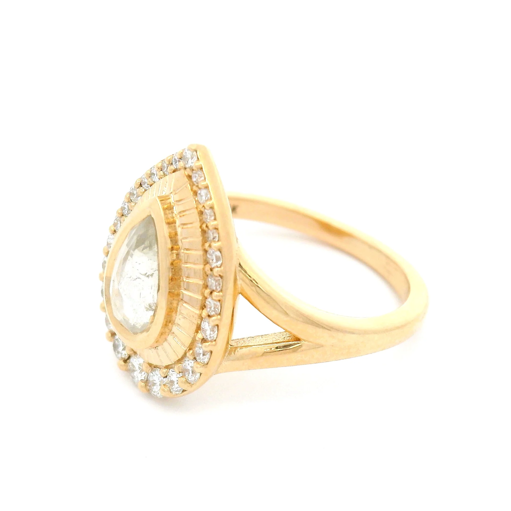 14k Yellow Halo Ring with 0.93ct Natural Icy Rose-Cut Diamond and Accent Natural Diamonds - Image 3