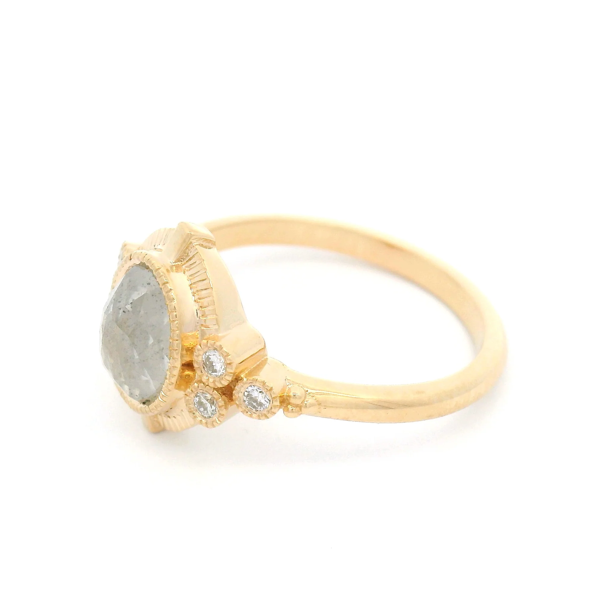 14k Yellow Ring with 1.66ct Natural Icy Oval Rose-Cut Diamond and Natural Accent Diamonds - Image 3