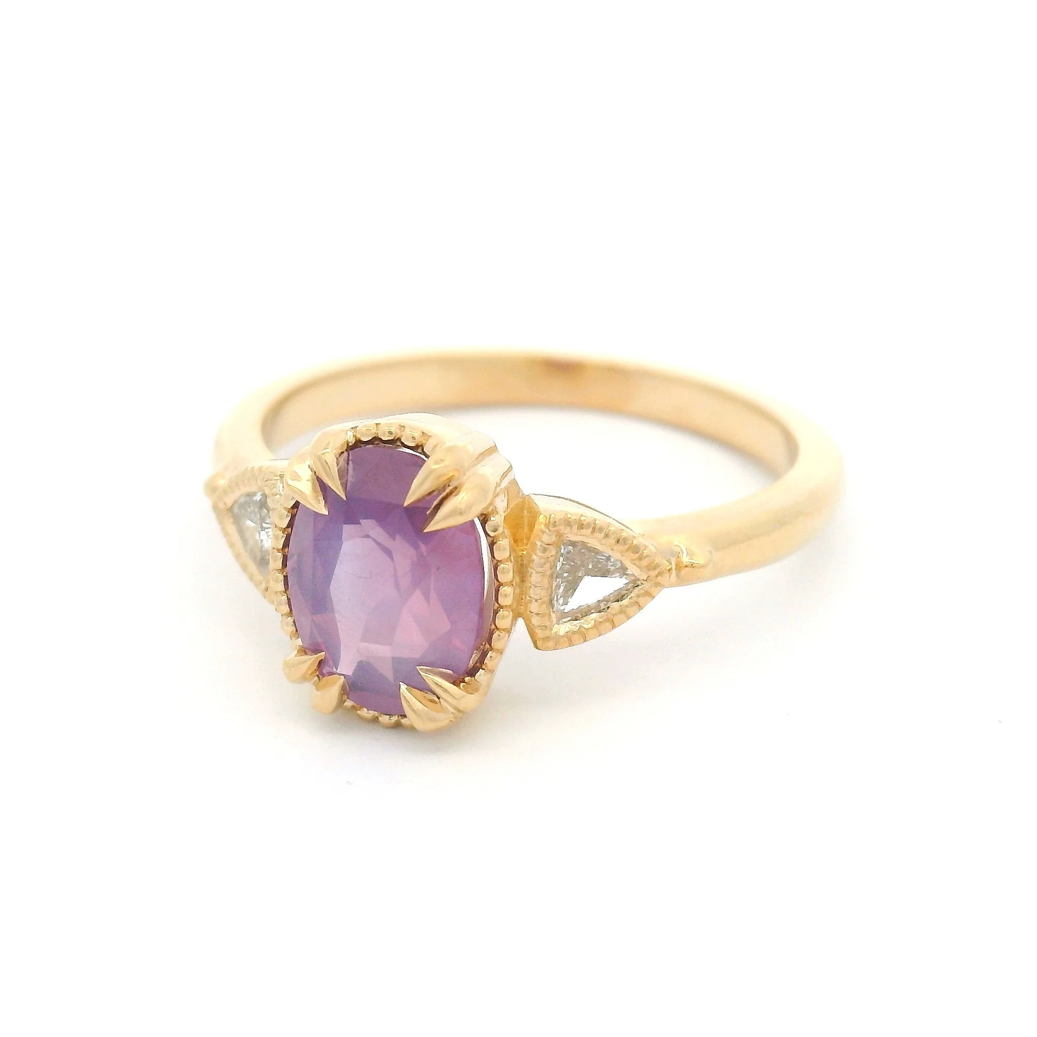 14k Yellow Three-Stone Ring with Natural 1.51ct Pink Sapphire and Triangular Diamonds - Image 2