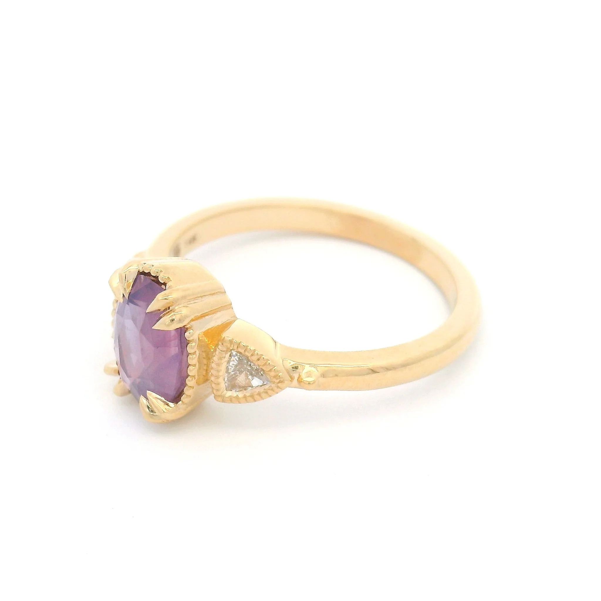 14k Yellow Three-Stone Ring with Natural 1.51ct Pink Sapphire and Triangular Diamonds - Image 3