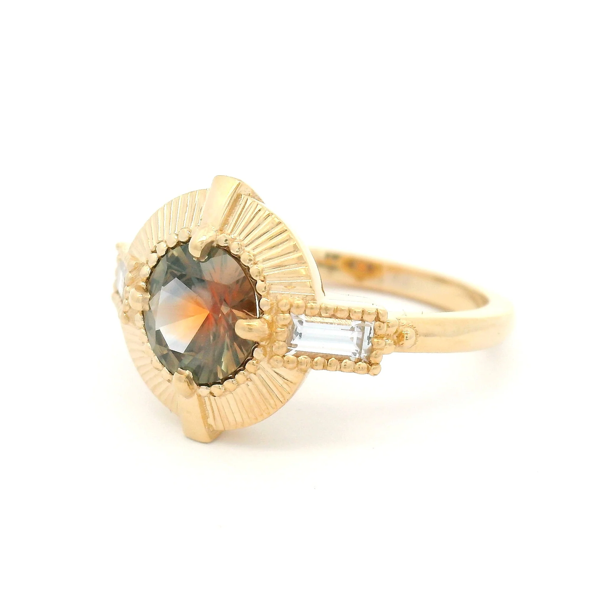 14k Yellow Three-Stone Ring with Natural 1.07ct Brown Sapphire and White Baguette Sapphires - Image 2