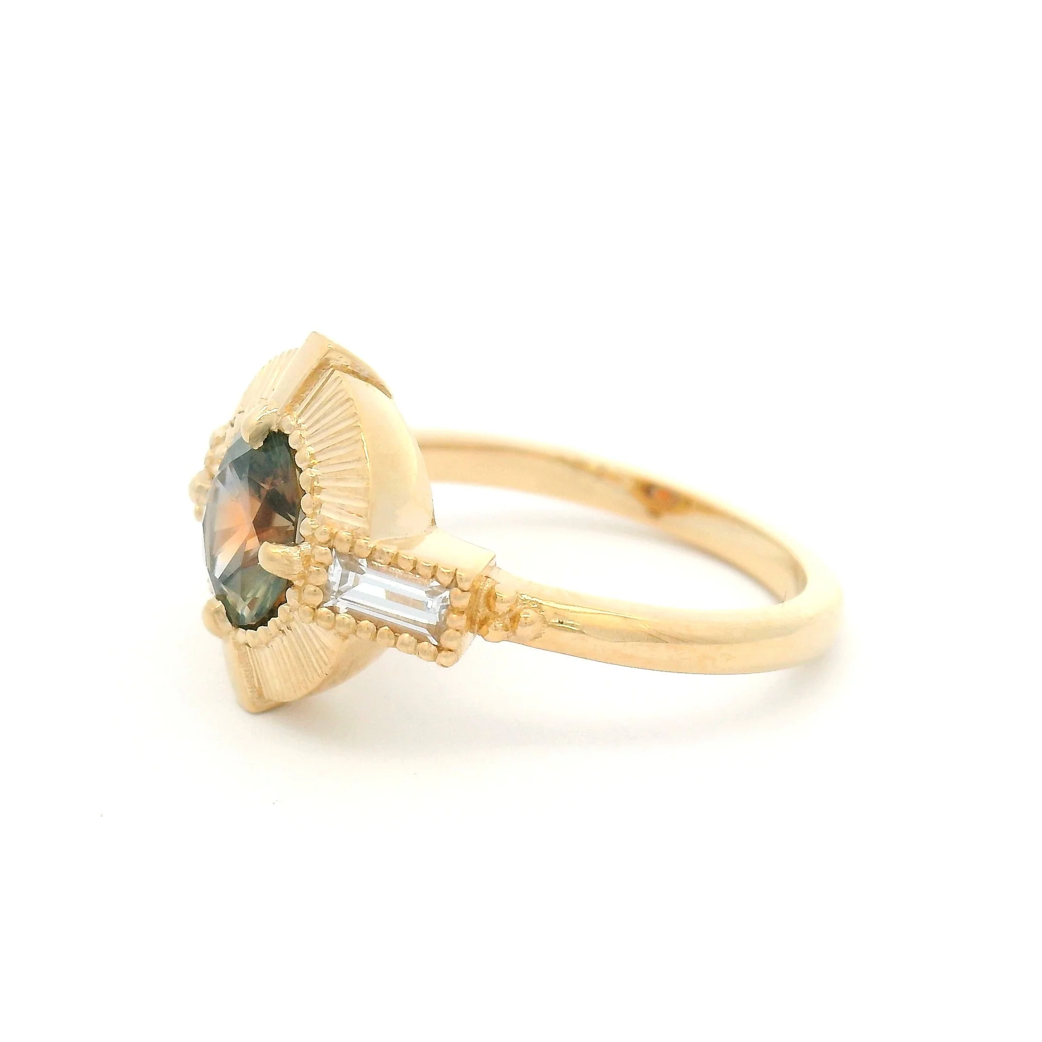 14k Yellow Three-Stone Ring with Natural 1.07ct Brown Sapphire and White Baguette Sapphires - Image 3