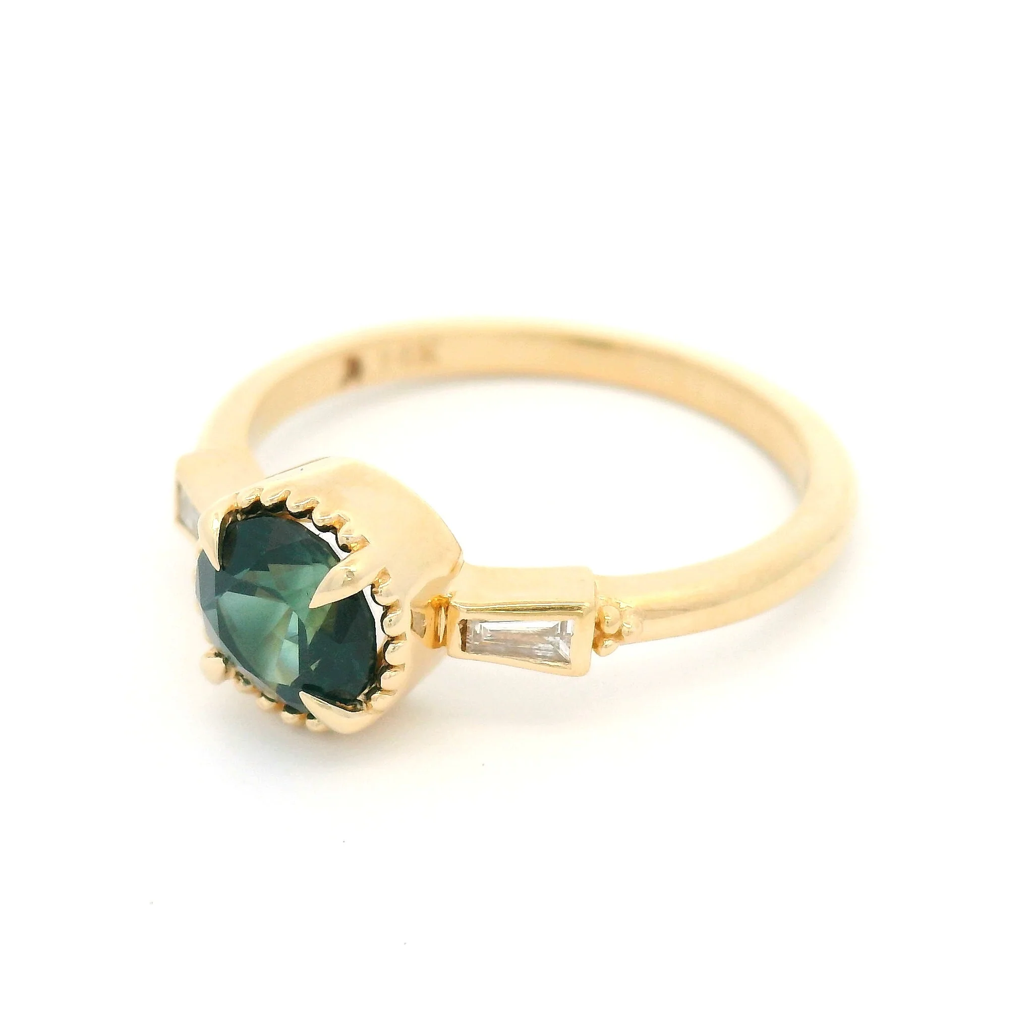 14k Yellow 3-Stone Ring with Natural 1.02ct Green Sapphire and Tapered Baguette Diamonds - Image 2