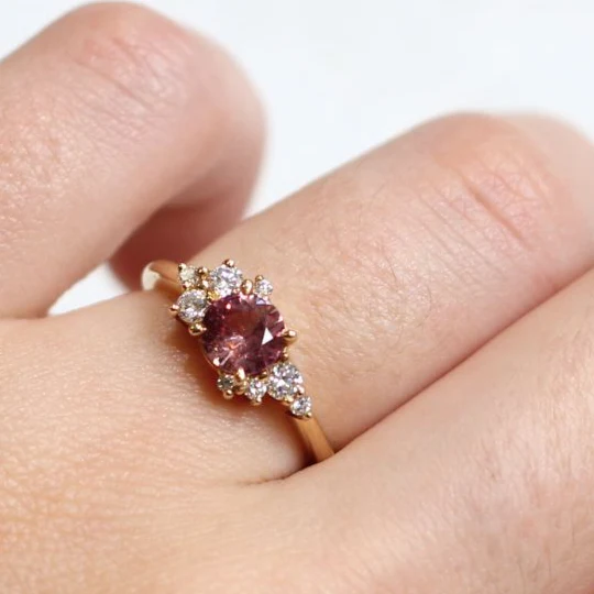 Cherry Blossom - 14k Yellow Ring with 0.91ct Dark Peach Sapphire and Accent Diamonds - Image 5