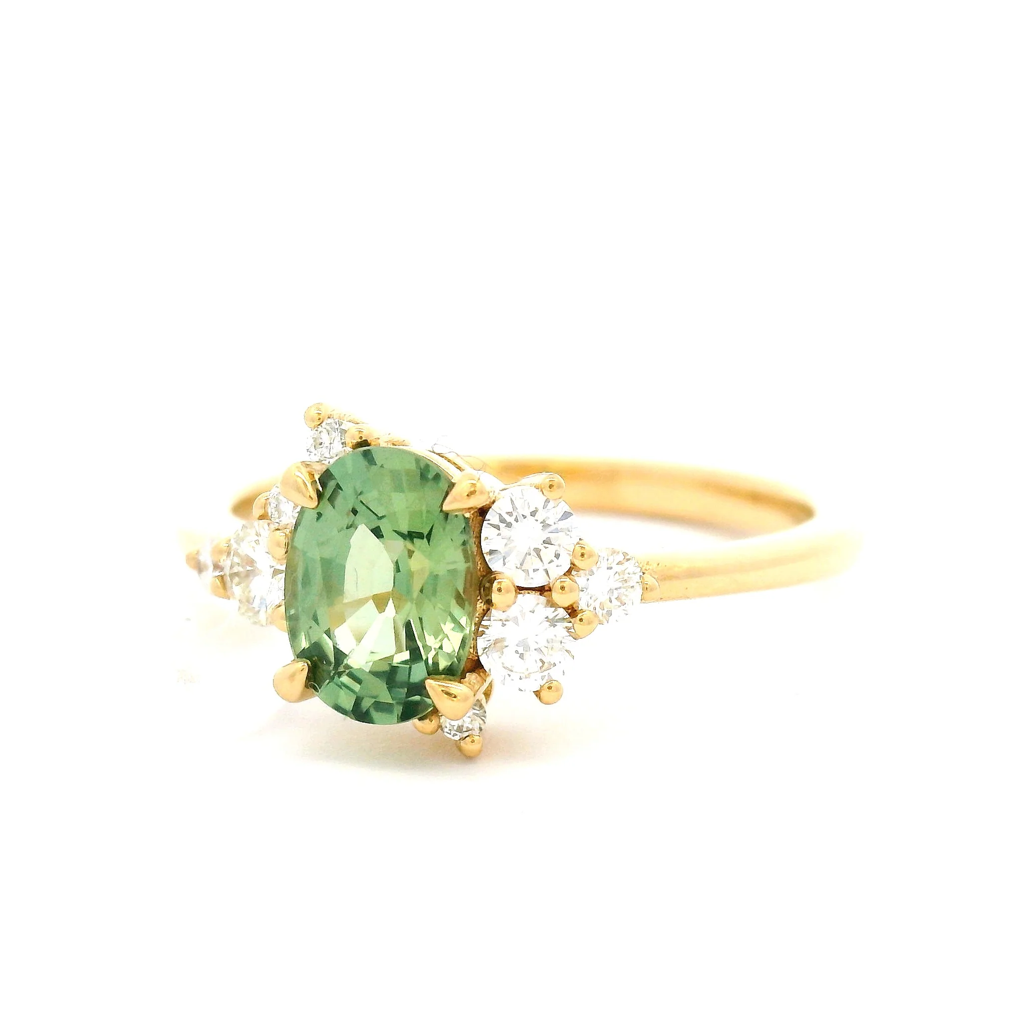 18k Yellow Engagement Ring with 0.99ct Oval Green Sapphire with Accent Diamonds - Image 2