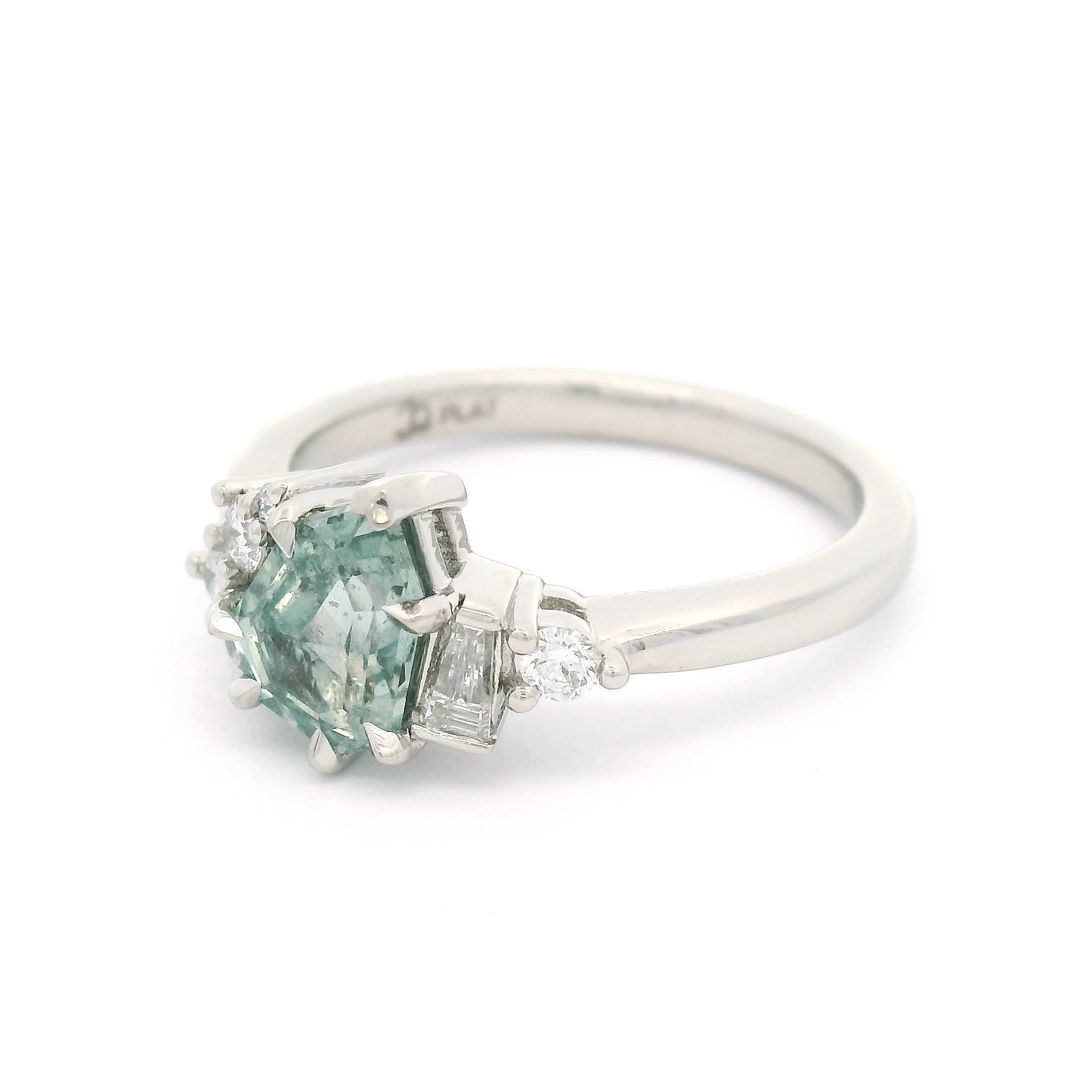 Platinum Engagement Ring with 1.27ct Light-Teal Sapphire & Accent Diamonds - Image 2