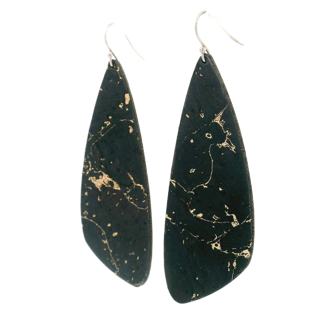 Large Dark Navy Gold Wing Cork Earrings - Image 2
