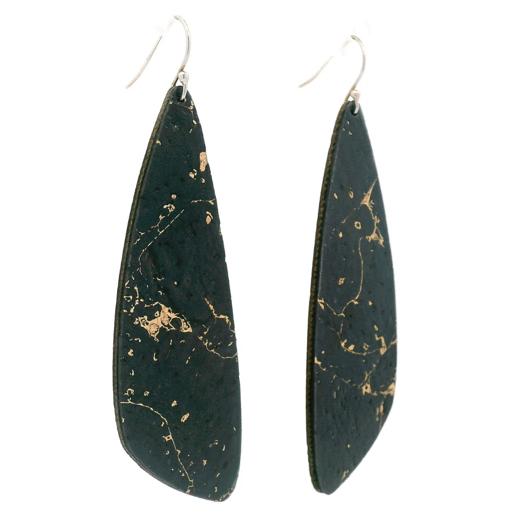 Large Dark Navy Gold Wing Cork Earrings - Image 3