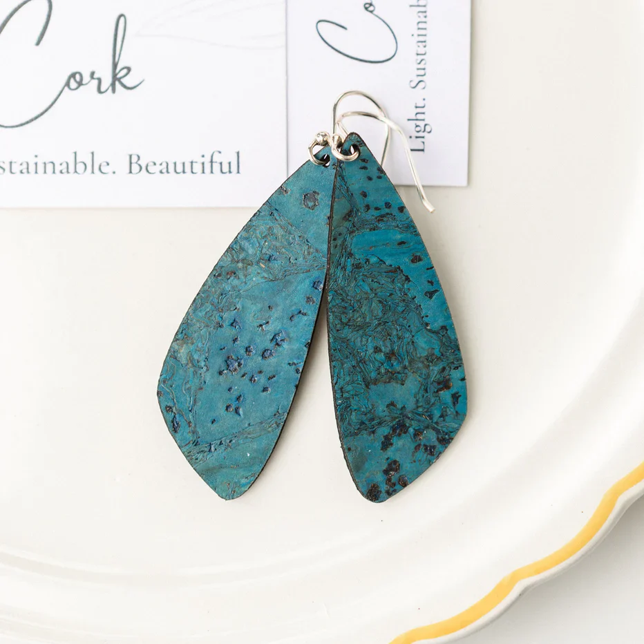 Large Deep Teal Cork Earrings - Wing - Image 2