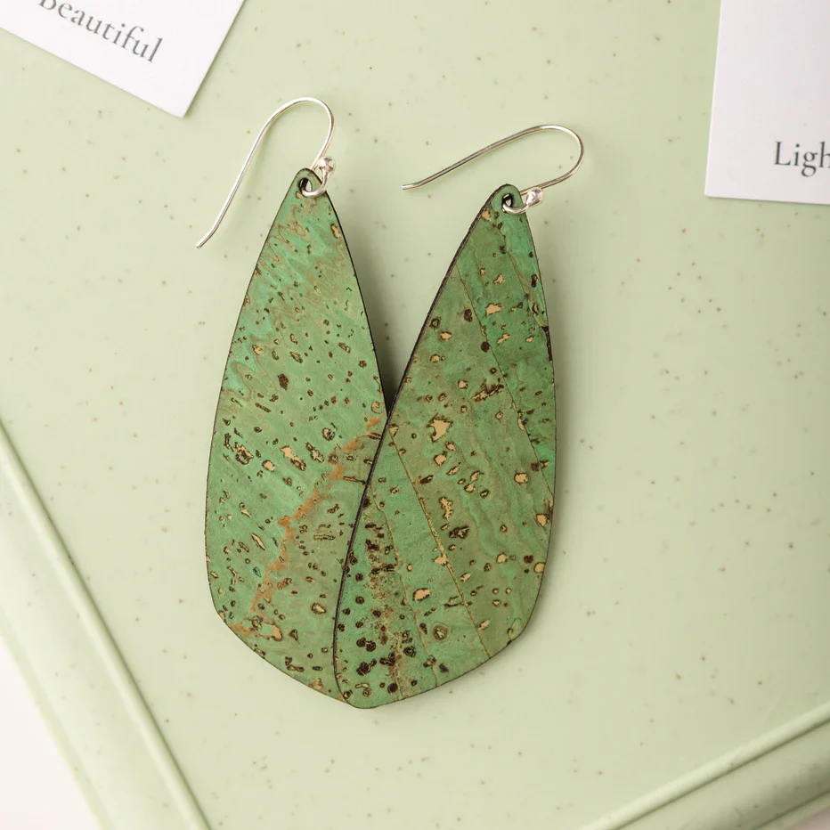 Large Grass Green Cork Earrings - Wing - Image 2