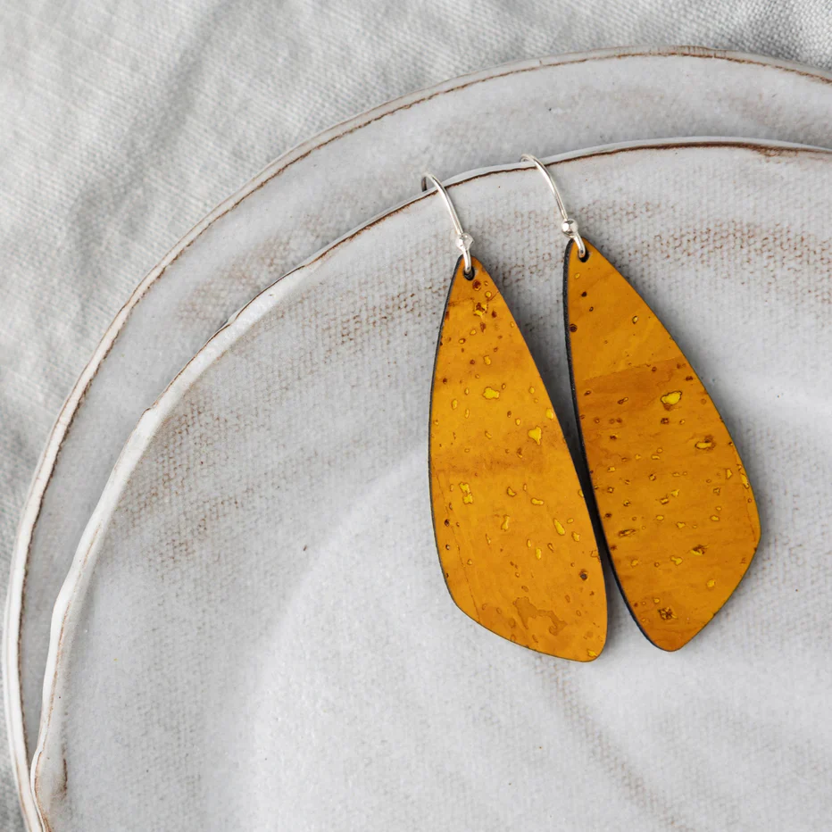 Large Ochre Yellow Cork Earrings - Wing - Image 2