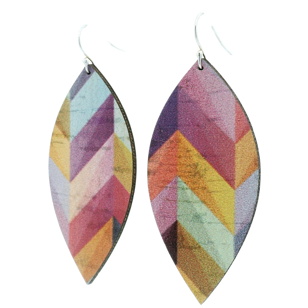 Large Pink Herringbone Leaf Cork Earrings - Image 2