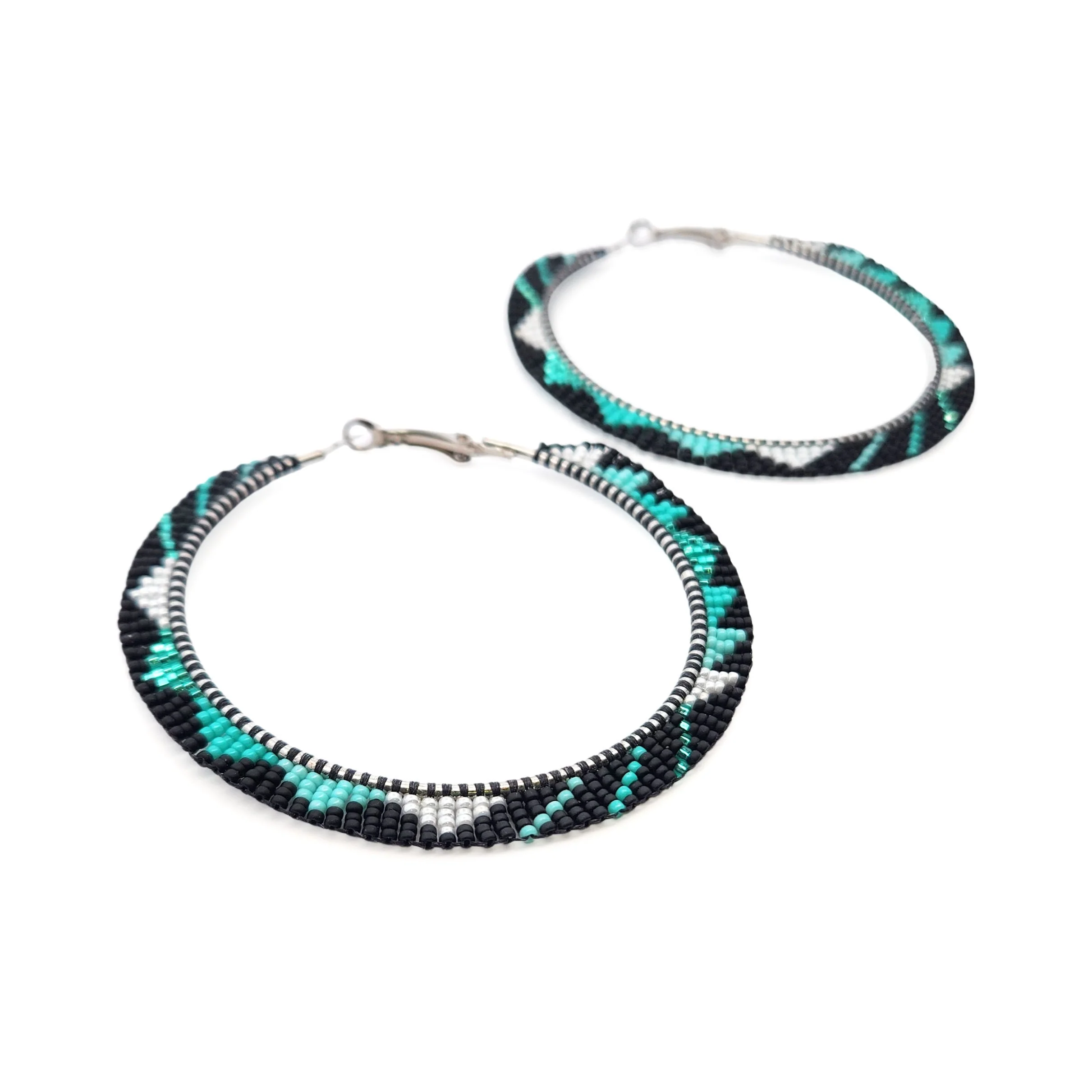 Large Teal & Black Beaded Hoop Earrings - Image 2