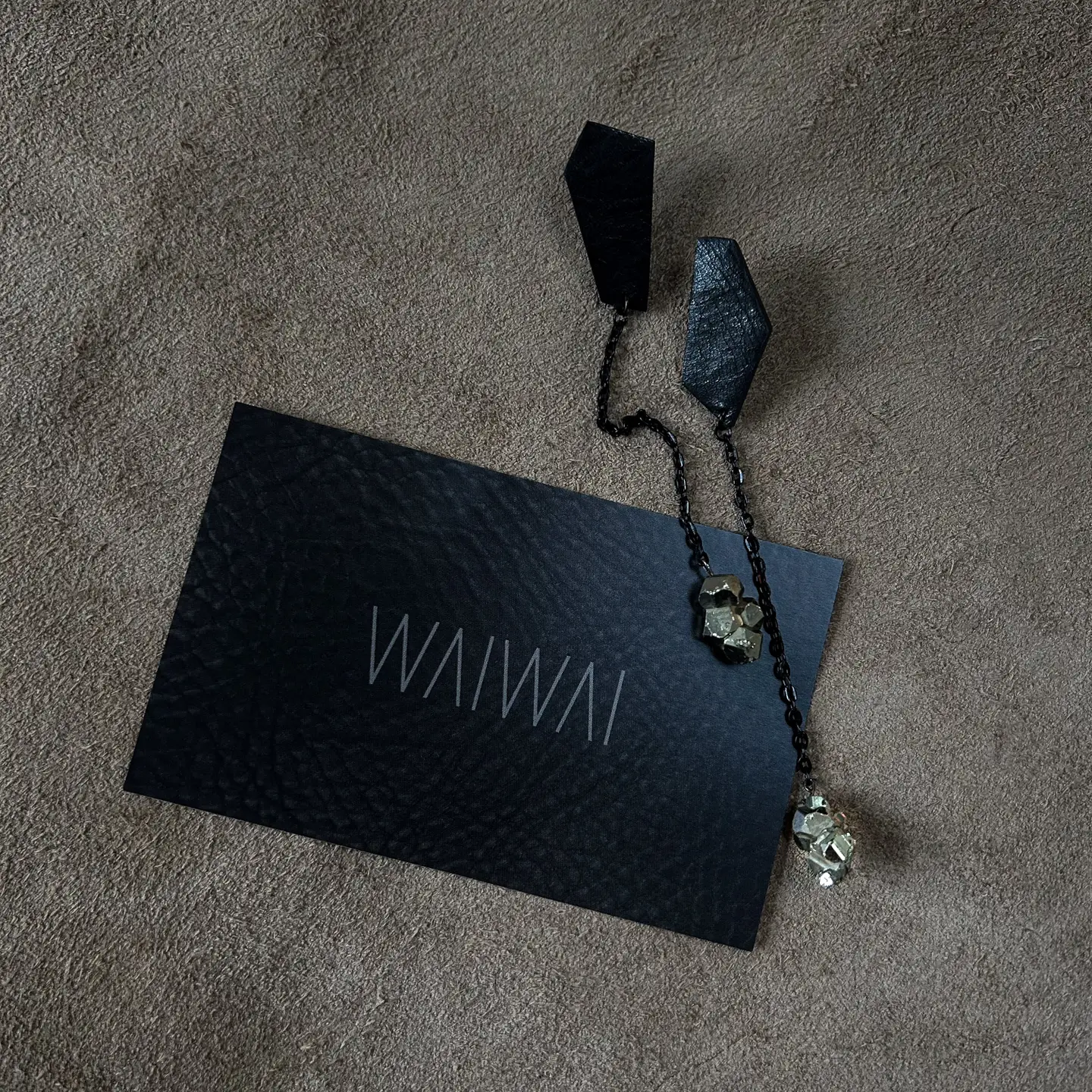 Leather & Pyrite Drop Earrings - Image 2