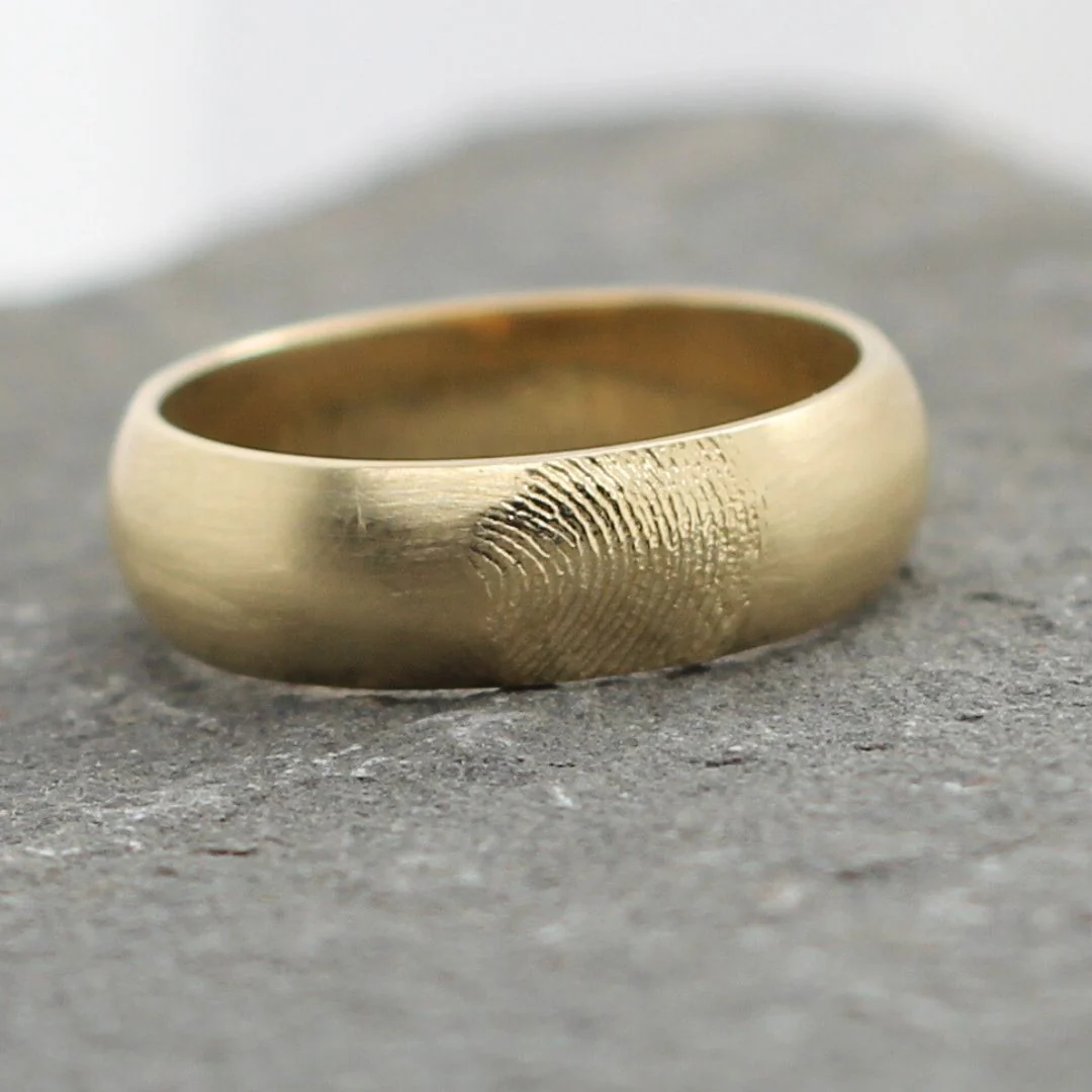 10k Yellow Fingerprint Satin Finish Domed Wedding Band - Image 4