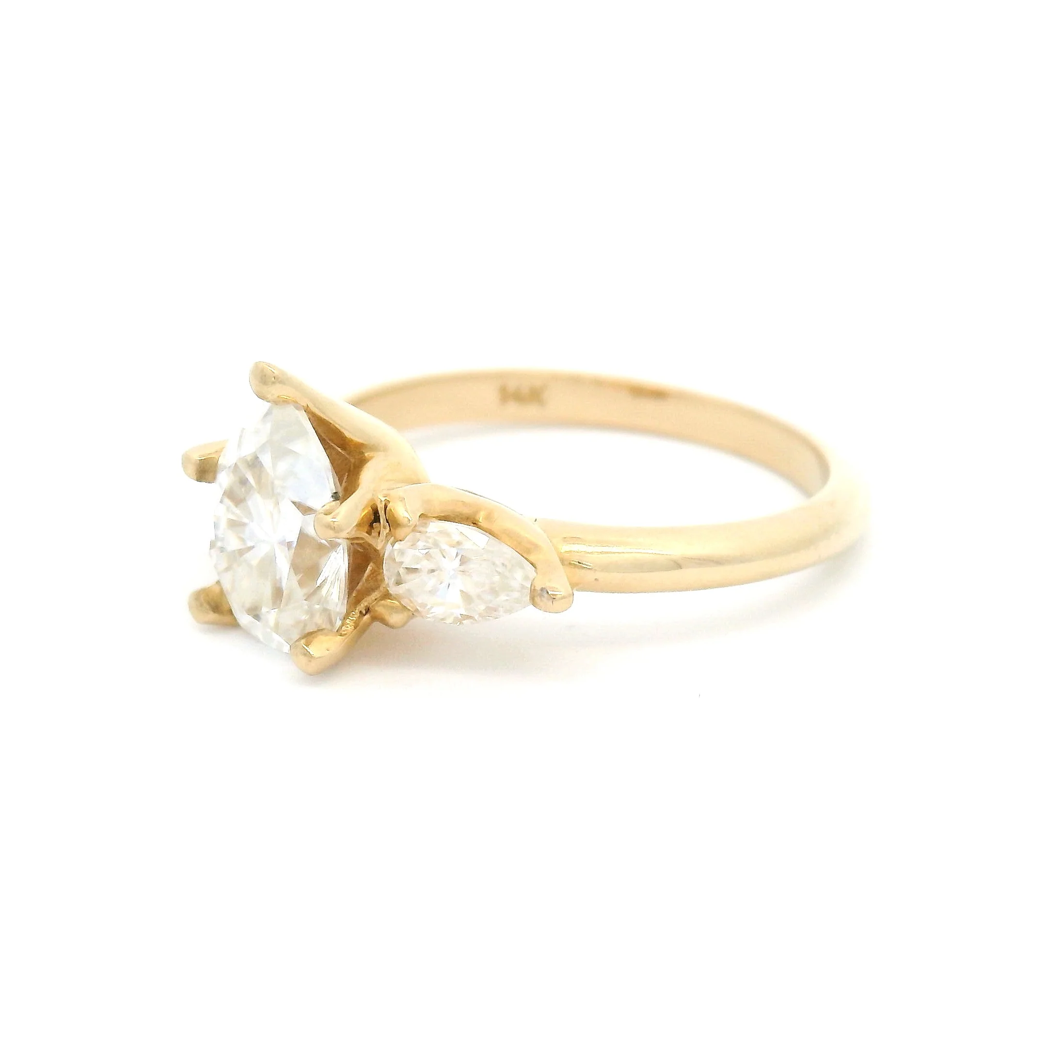 14k Yellow Three Stone Pear Shape Moissanite Ring - Image 2