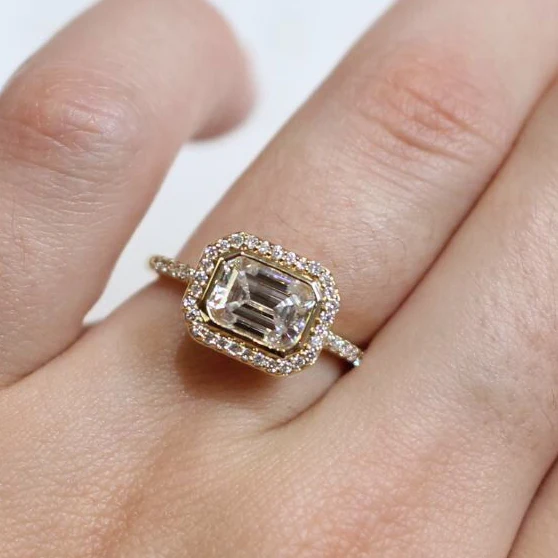 14k Yellow Moissanite Emerald Cut East-West Halo Engagement Ring - Image 5