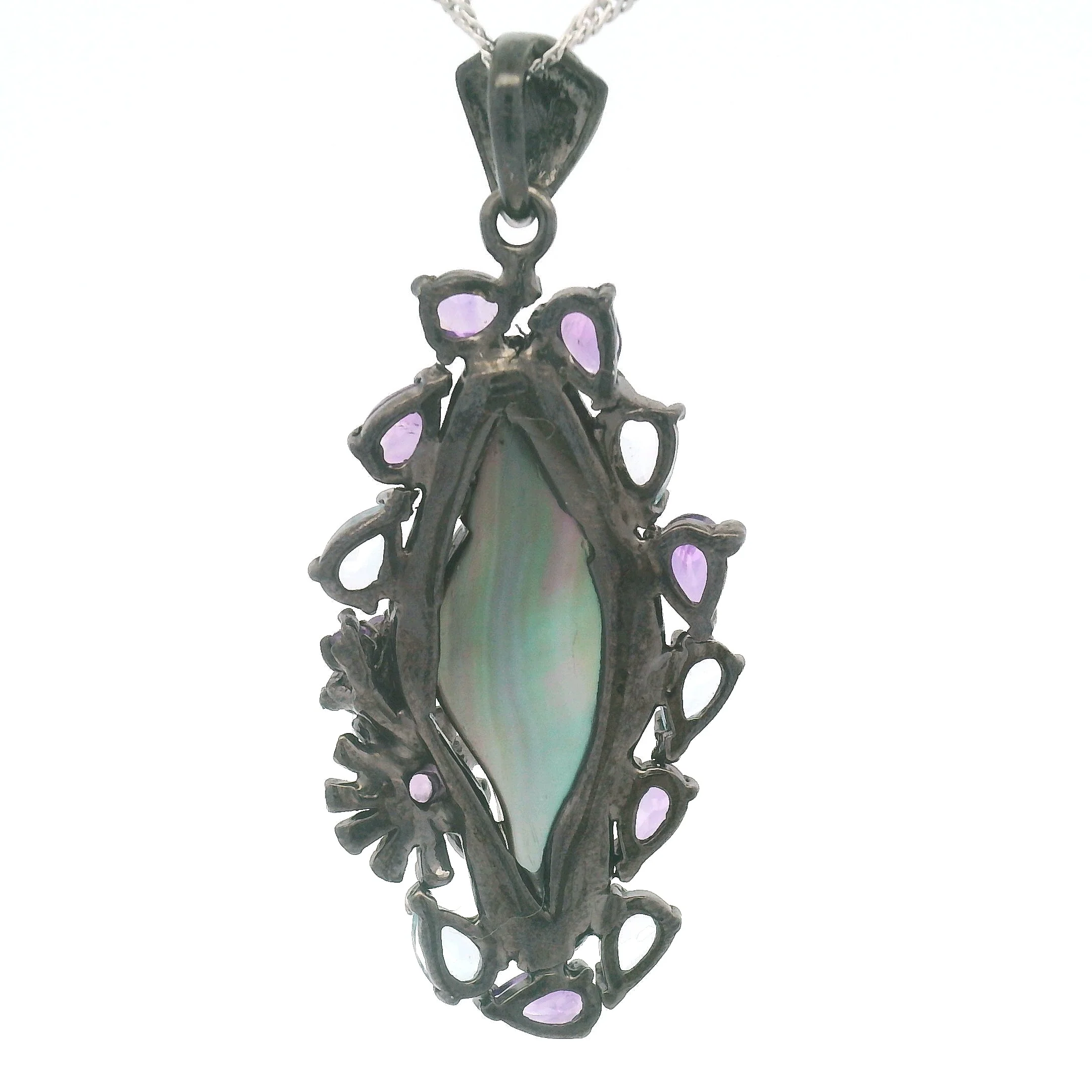 Mother of Pearl Seashell Pendant with Amethyst and Blue Topaz - Image 3