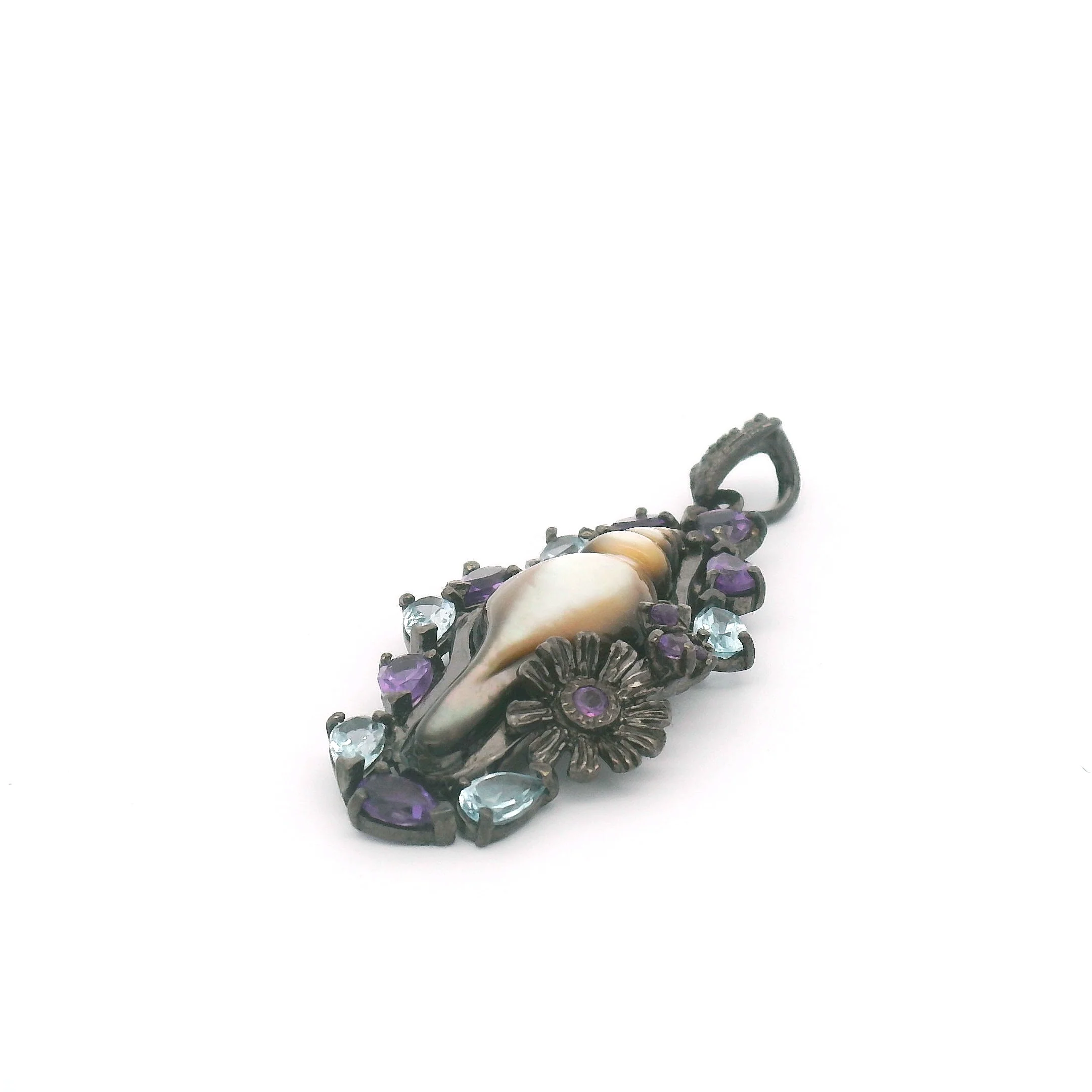Mother of Pearl Seashell Pendant with Amethyst and Blue Topaz - Image 5