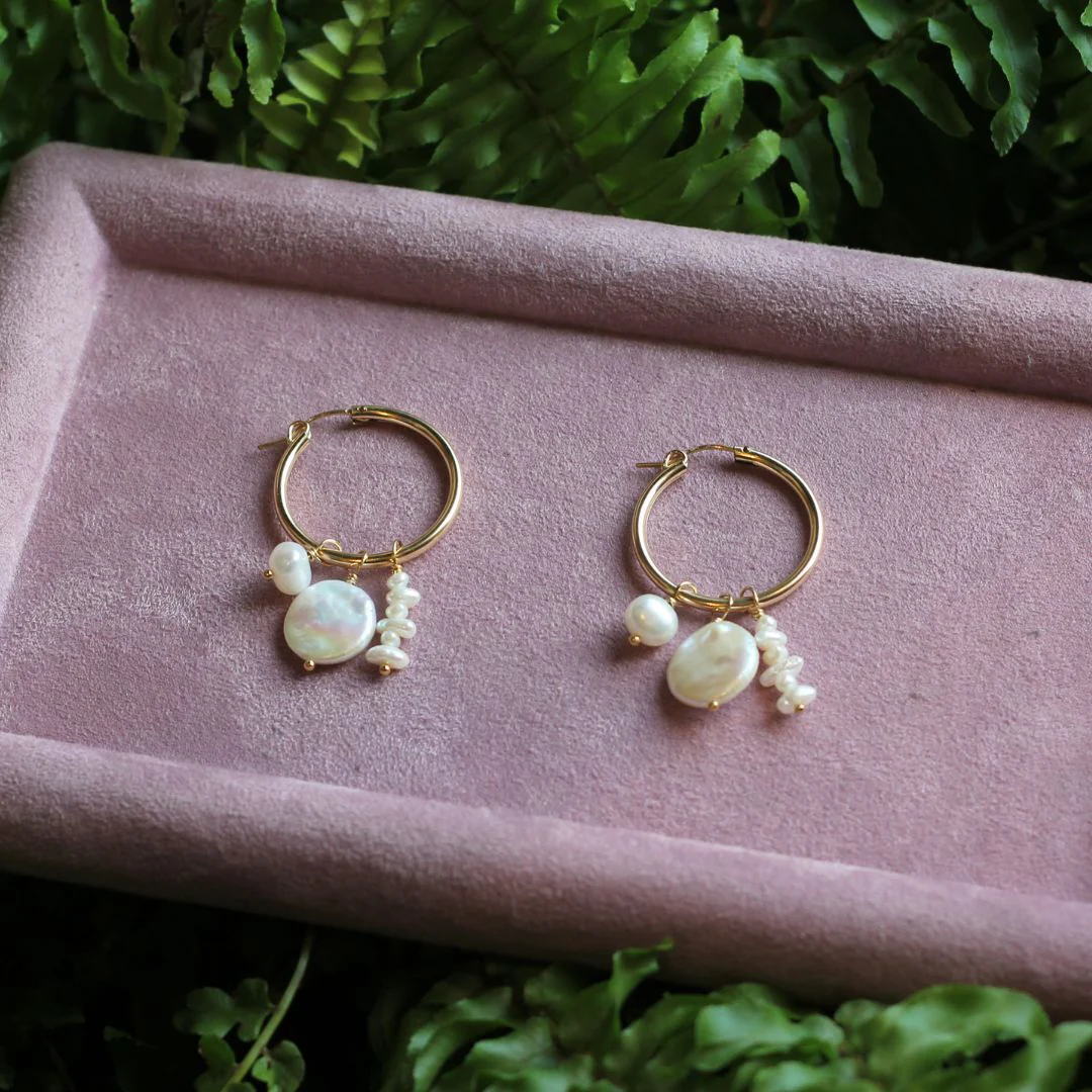 Triple Drop Freshwater Pearl Hoop Earrings - Image 4