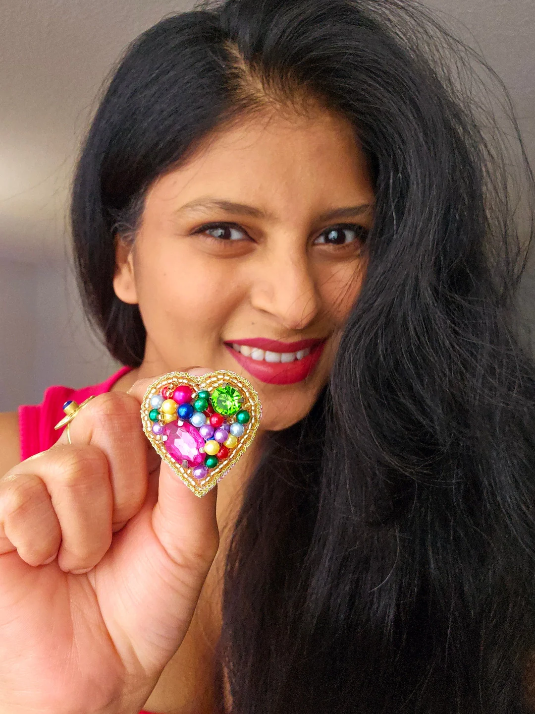 Multicoloured Heart Stud Earrings - Hand Embroidered - Image 3