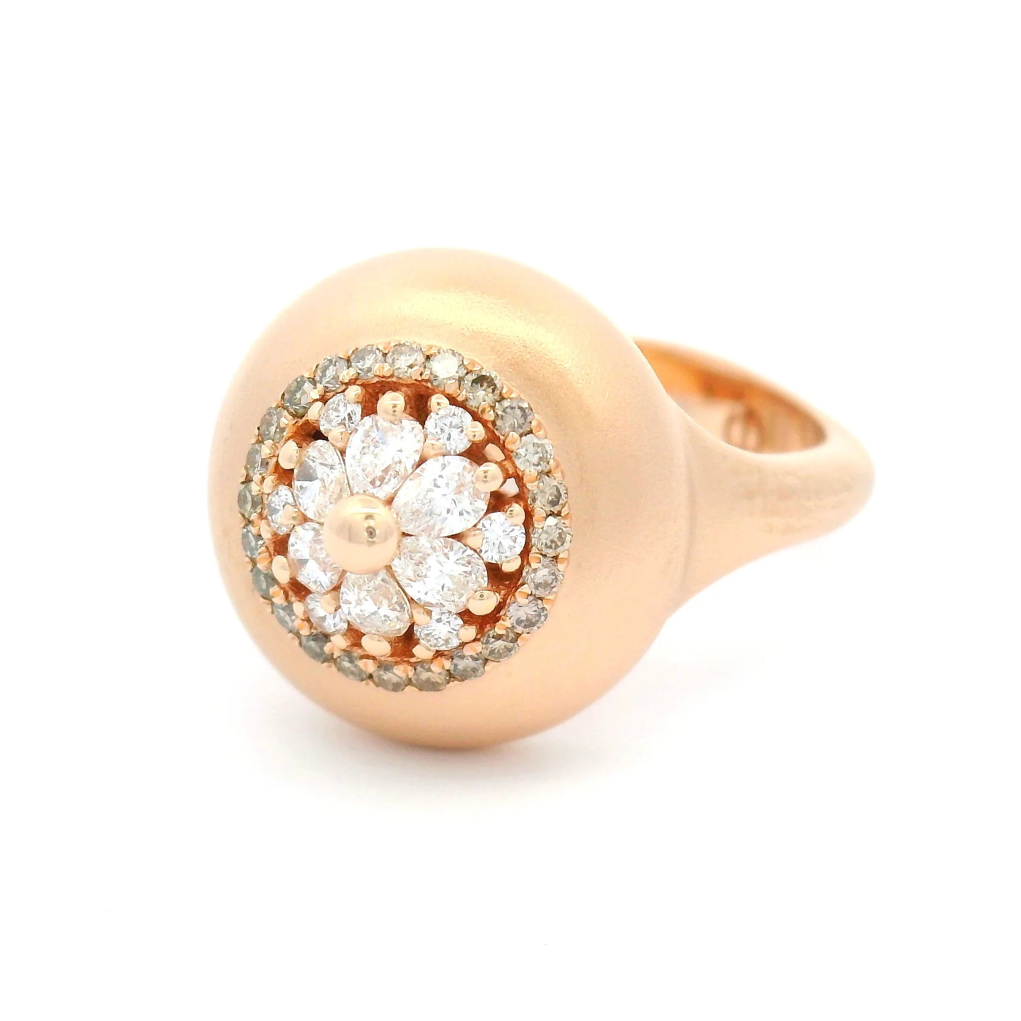 14k Rose Gold Matte Finish Ring with Multi-Cut Diamond Cluster - Image 2