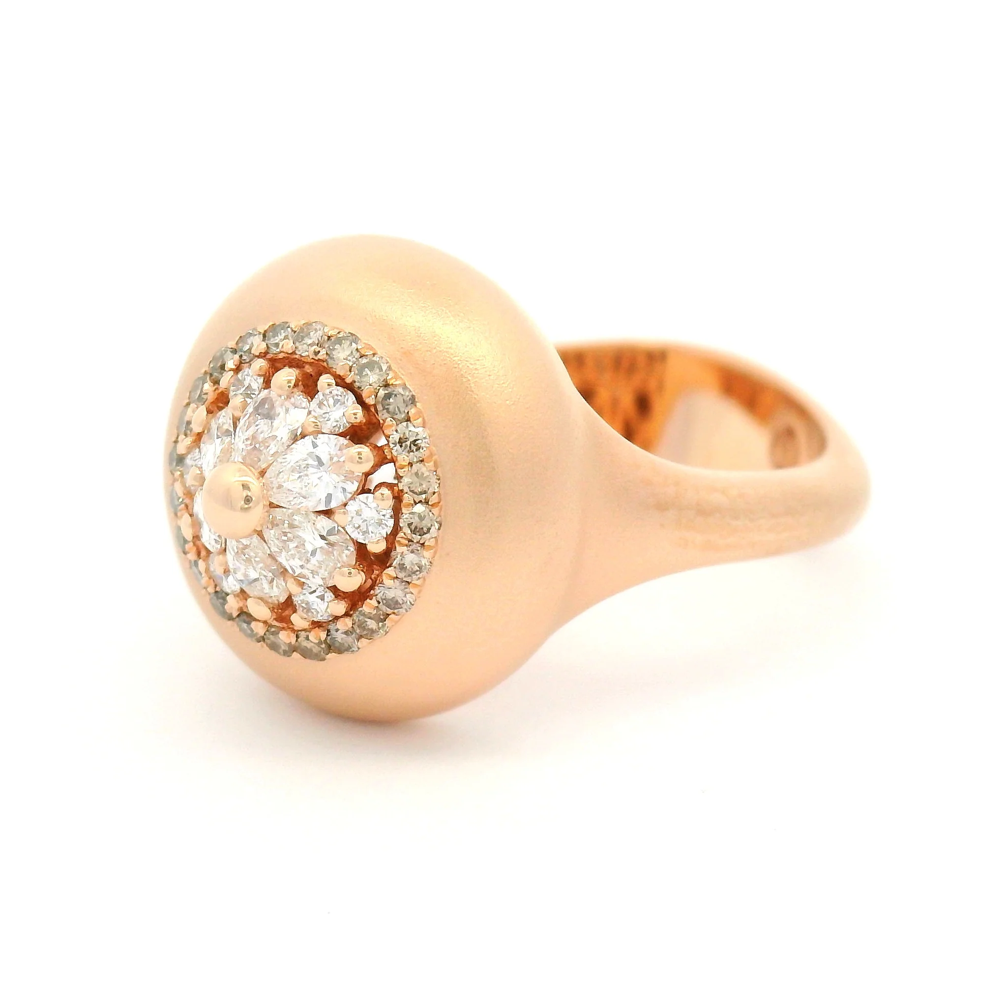 14k Rose Gold Matte Finish Ring with Multi-Cut Diamond Cluster - Image 3