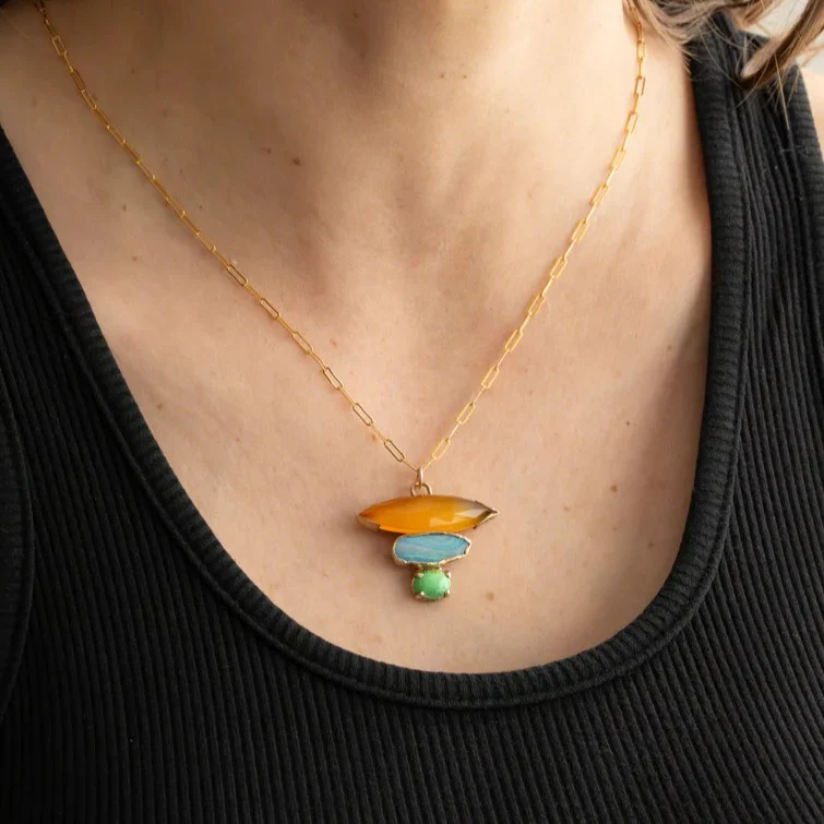 Orange Agate, Australian Boulder Opal & Green Turquoise Pendant - Image 2