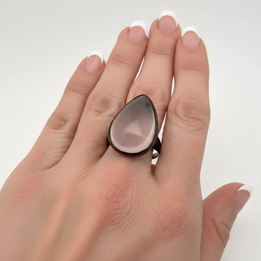 Oval Cabochon Rose Quartz Solitaire Ring - Image 4