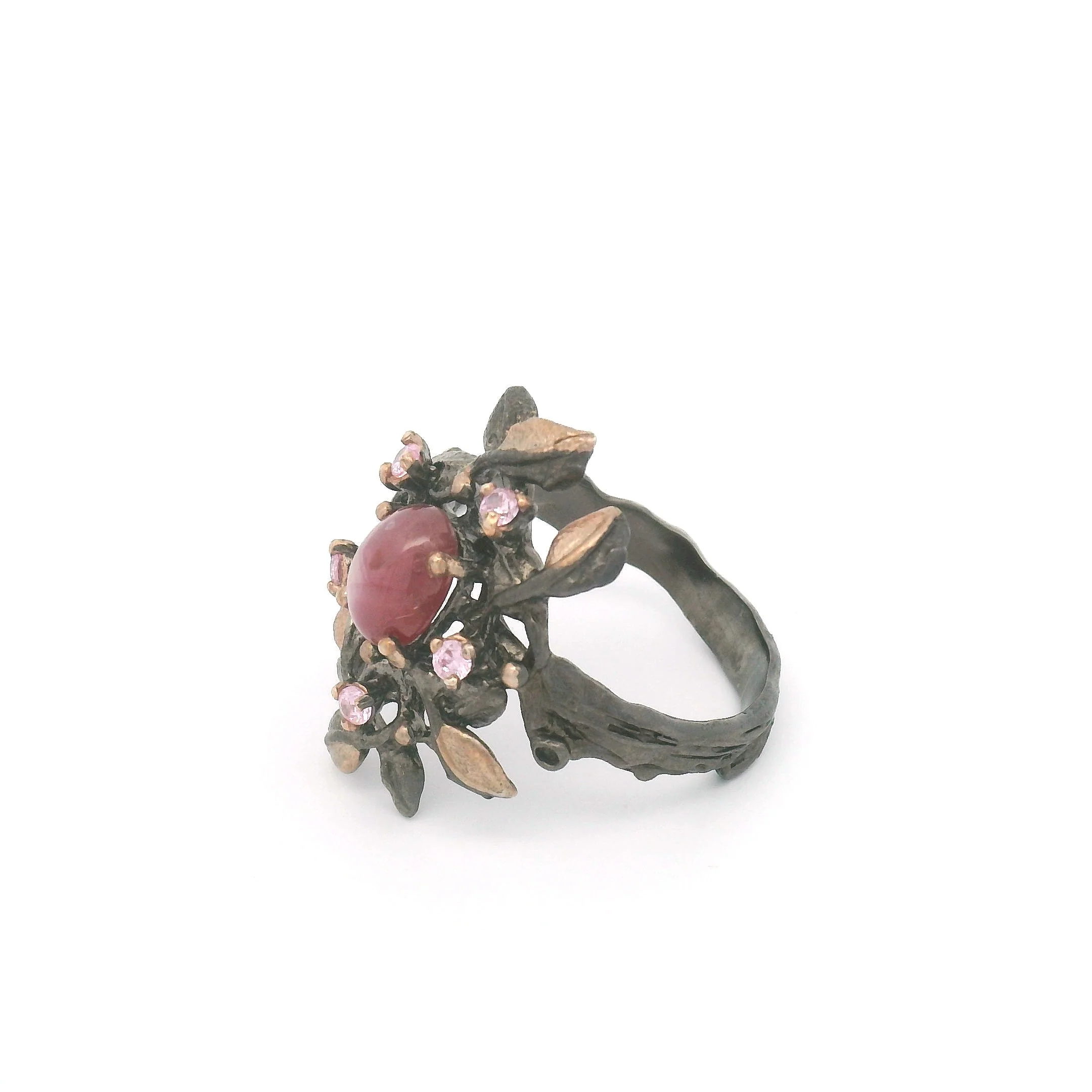 Oval Cabochon Ruby and Pink Sapphire Floral Branch Ring - Image 5