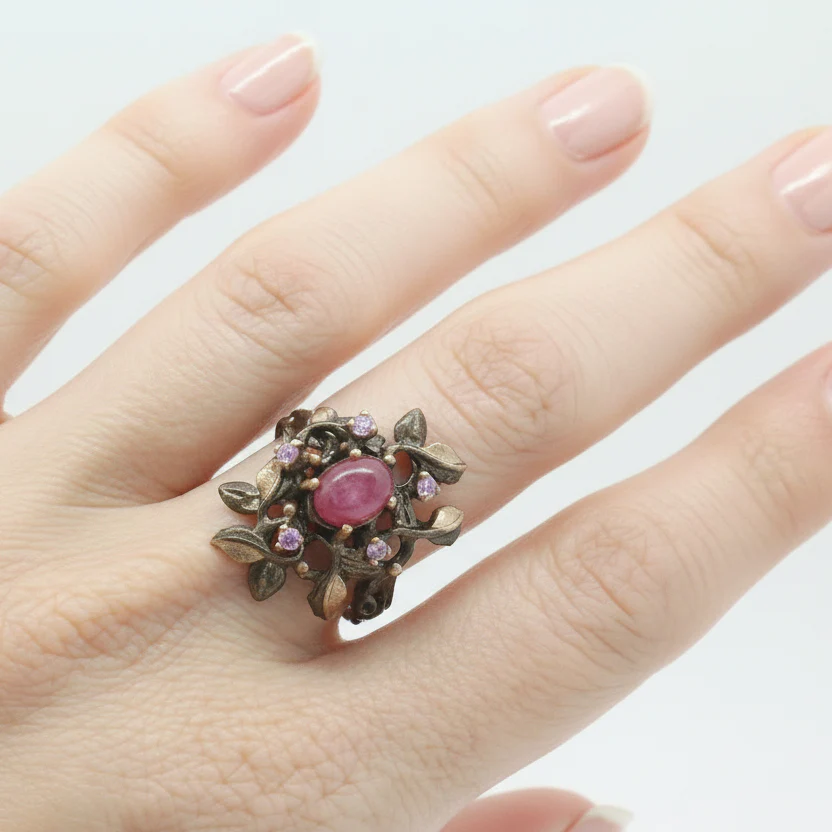 Oval Cabochon Ruby and Pink Sapphire Floral Branch Ring - Image 6
