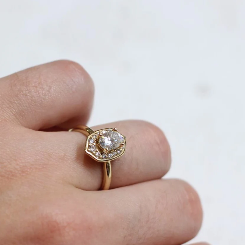 14k Yellow Oval Moissanite Halo Engagement Ring - Image 5