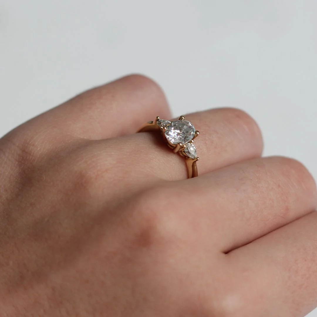 14k Yellow Oval Moissanite Three Stone Engagement Ring - Image 4