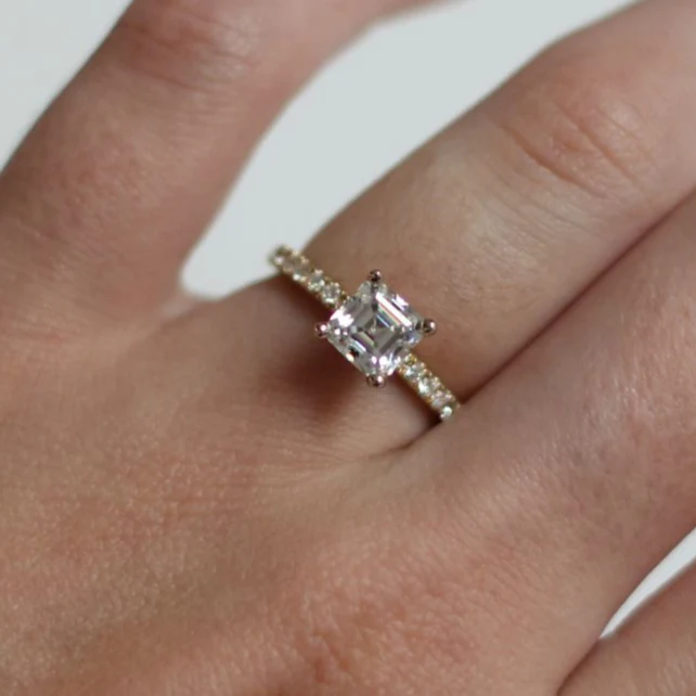 14k Yellow and White Asscher-Cut Moissanite Engagement Ring with Accent Diamonds - Image 3