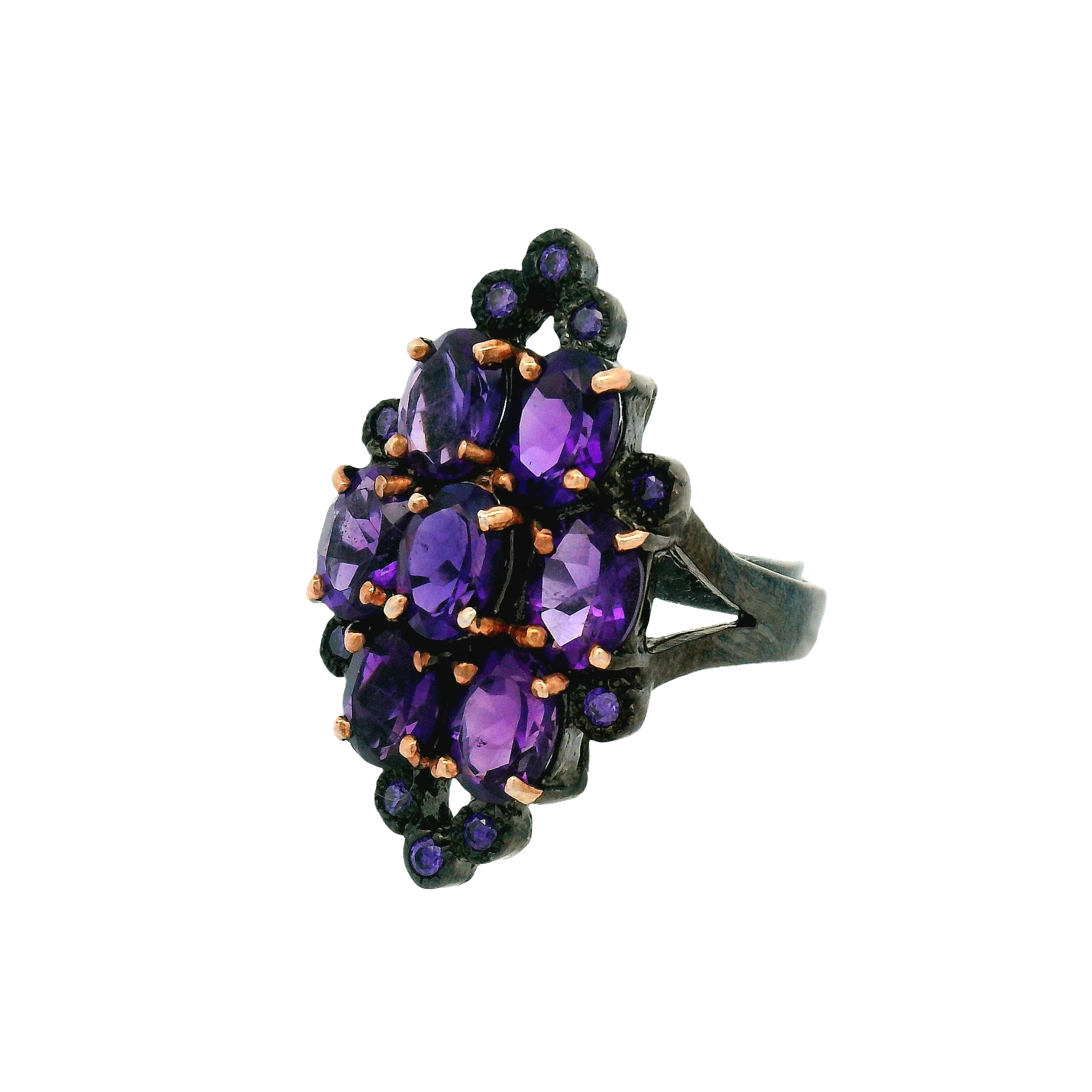 Oxidized Silver Multi-Stone Amethyst Floral Cocktail Ring - Image 2
