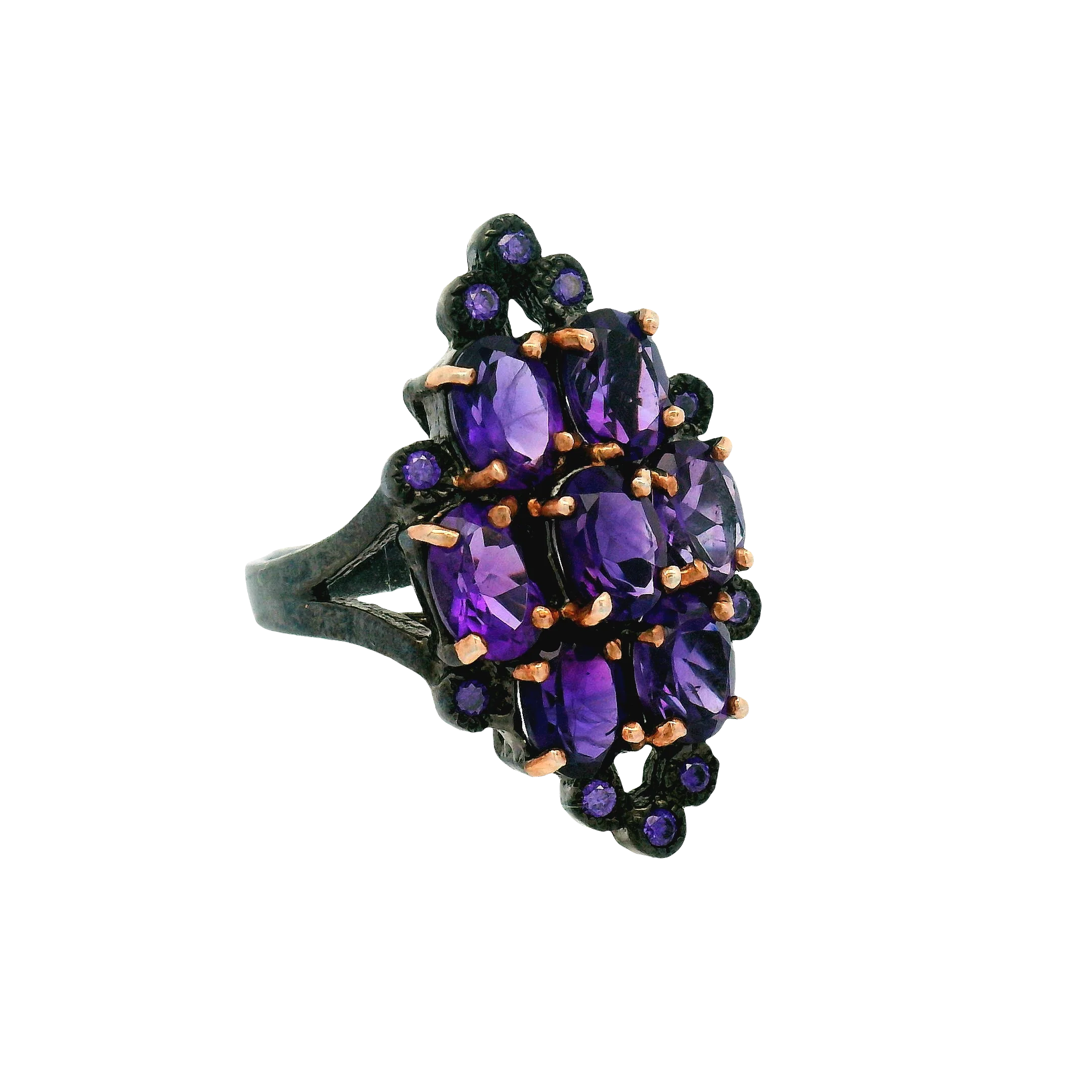 Oxidized Silver Multi-Stone Amethyst Floral Cocktail Ring - Image 3