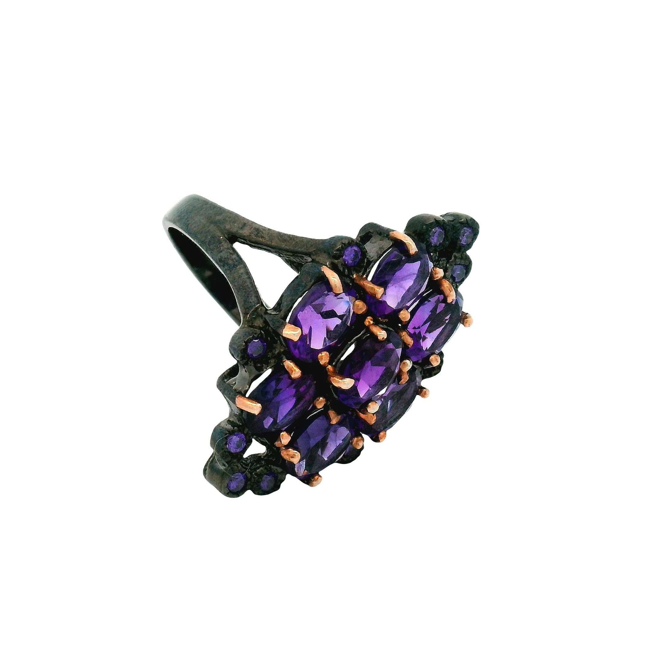 Oxidized Silver Multi-Stone Amethyst Floral Cocktail Ring - Image 5
