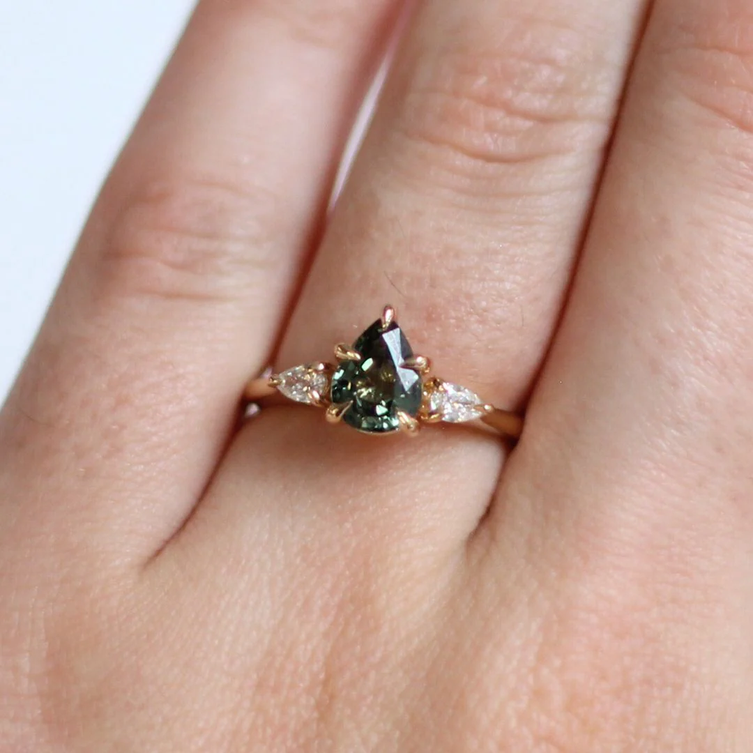 Pear-cut Green Sapphire & Diamond Engagement Ring - Image 3