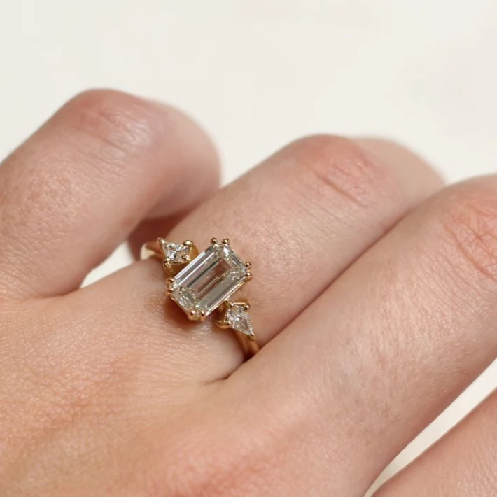 14k Yellow Lab Diamond Engagement Ring with 1.66ct Emerald Cut and Accent Kite Cut Diamonds - Image 6